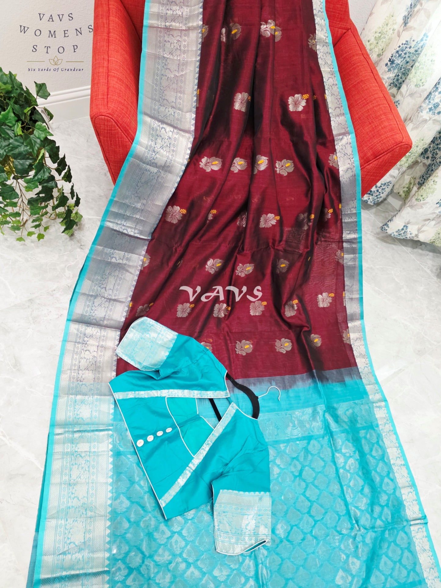 Royal Mulberry Wine & Aqua Turquoise Mangalagiri Pattu Handloom Silk Cotton Saree with Silver Zari Border & Stitched Blouse