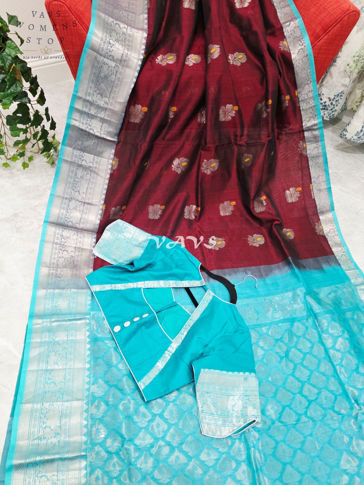 Royal Mulberry Wine & Aqua Turquoise Mangalagiri Pattu Handloom Silk Cotton Saree with Silver Zari Border & Stitched Blouse