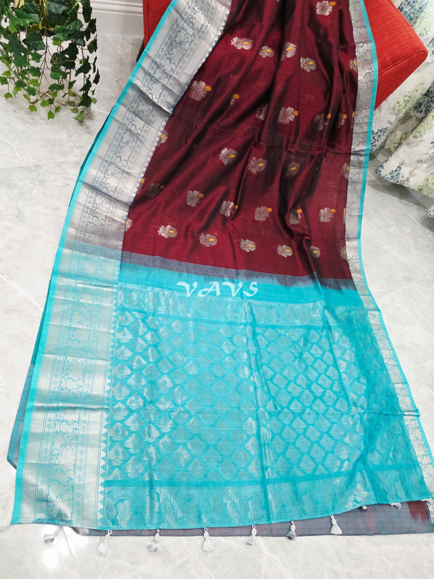 Royal Mulberry Wine & Aqua Turquoise Mangalagiri Pattu Handloom Silk Cotton Saree with Silver Zari Border & Stitched Blouse