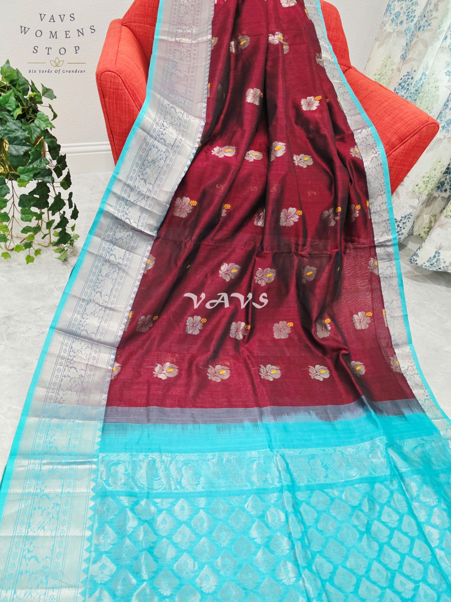 Royal Mulberry Wine & Aqua Turquoise Mangalagiri Pattu Handloom Silk Cotton Saree with Silver Zari Border & Stitched Blouse
