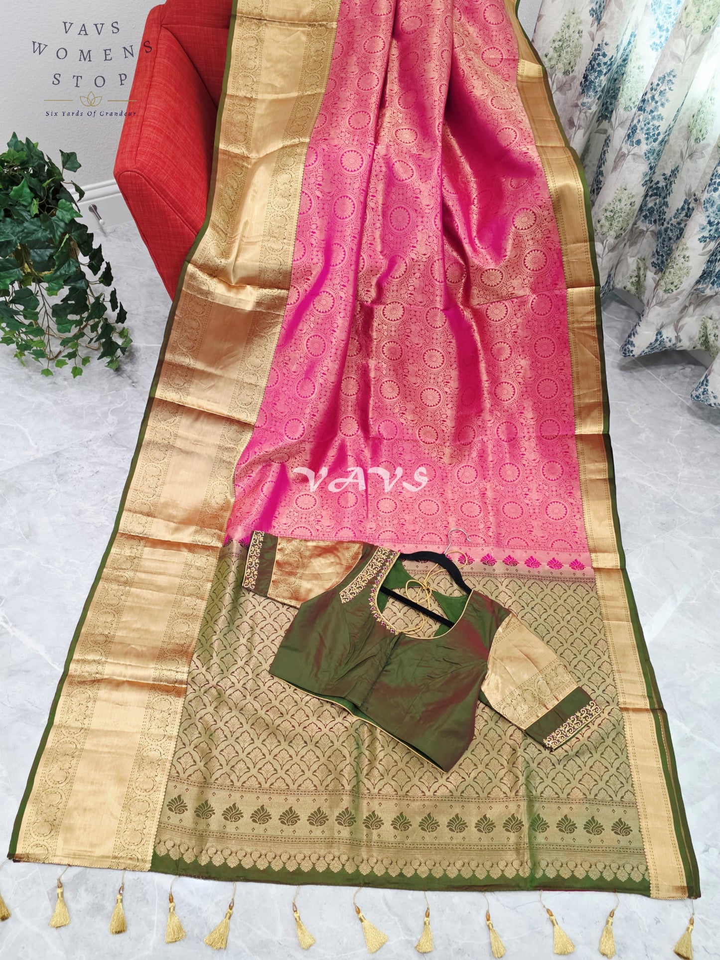 Royal Lotus Pink & Olive Moss Green Pure Kanchi Double Warp Soft Silk Saree with Designer Maggam Blouse