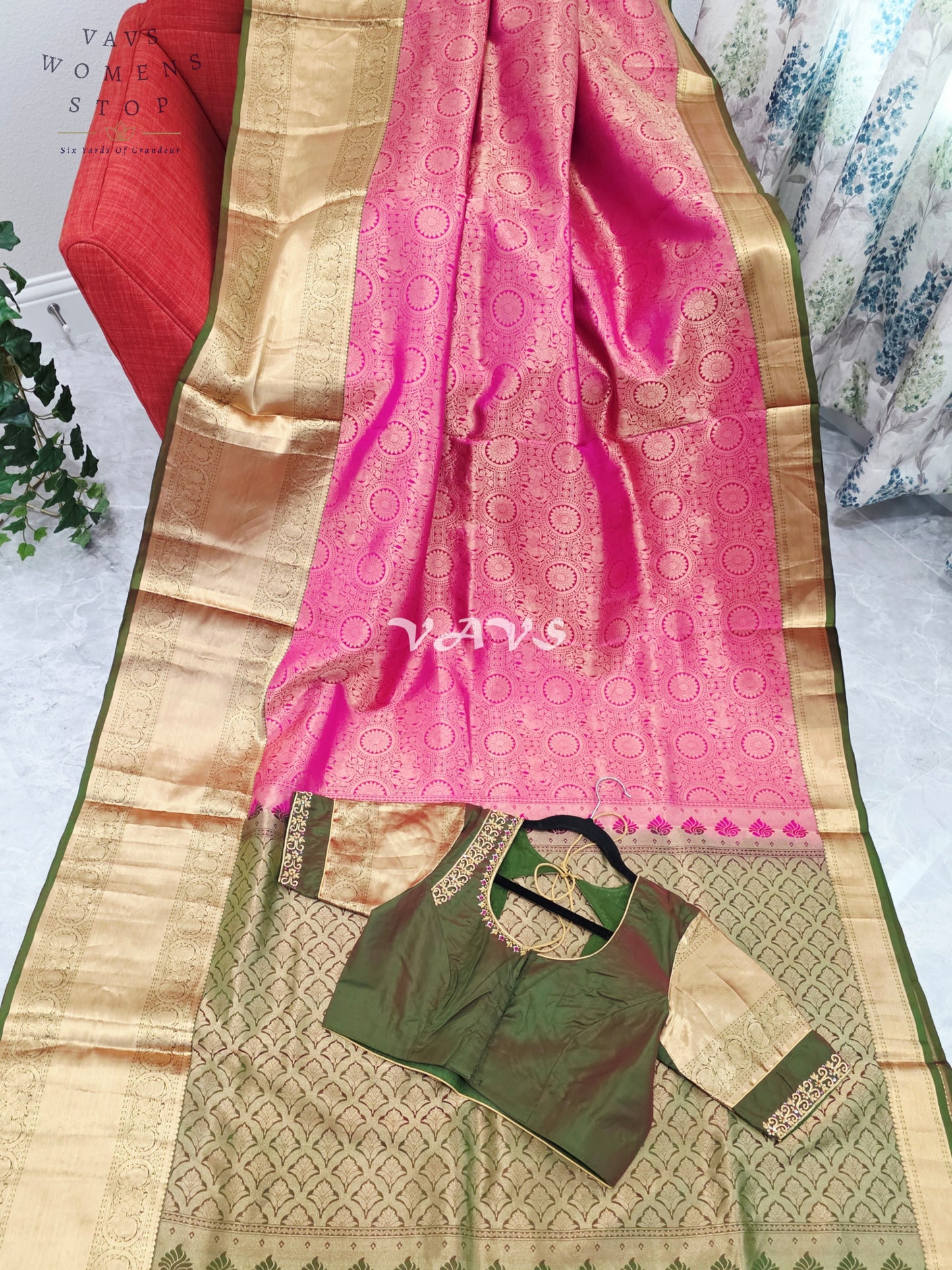 Royal Lotus Pink & Olive Moss Green Pure Kanchi Double Warp Soft Silk Saree with Designer Maggam Blouse