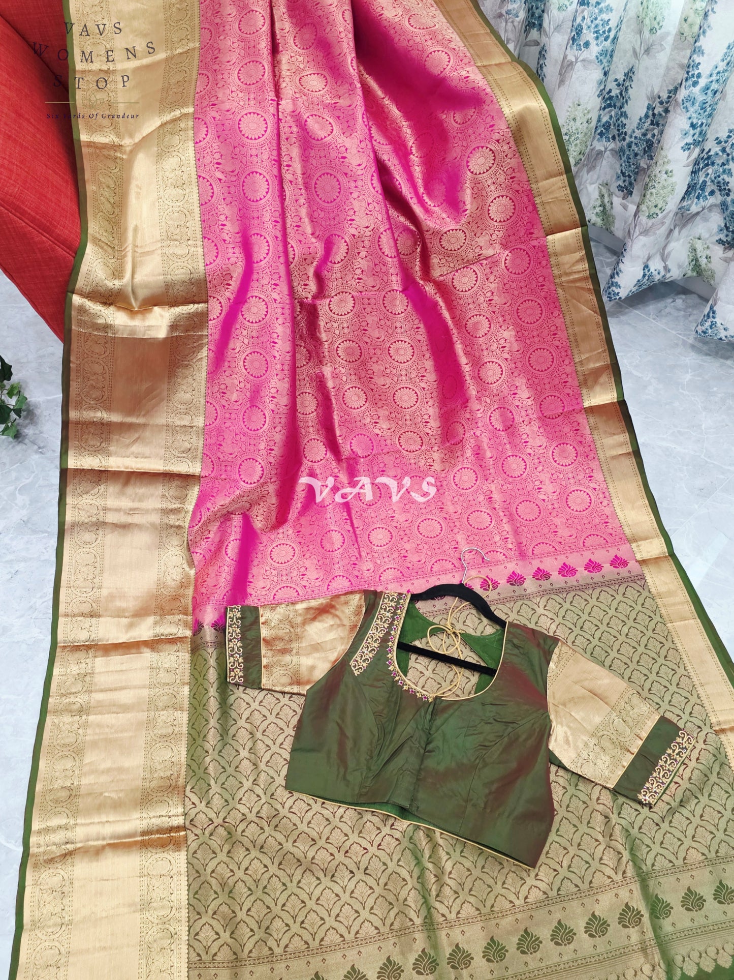 Royal Lotus Pink & Olive Moss Green Pure Kanchi Double Warp Soft Silk Saree with Designer Maggam Blouse