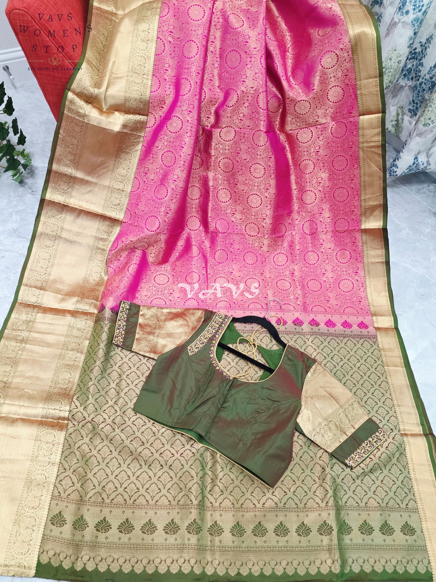 Royal Lotus Pink & Olive Moss Green Pure Kanchi Double Warp Soft Silk Saree with Designer Maggam Blouse