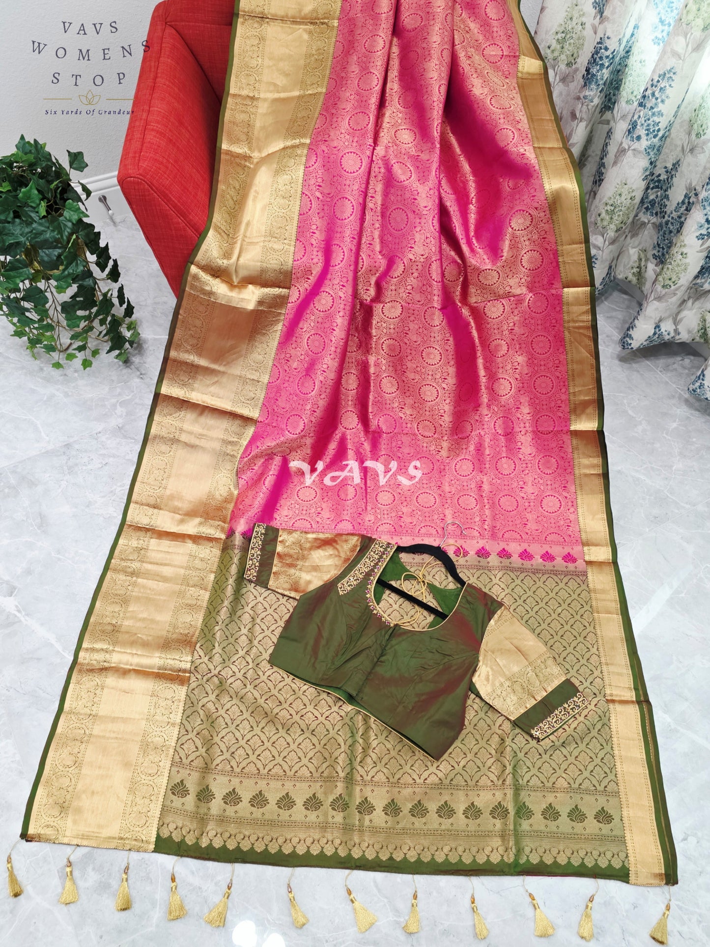 Royal Lotus Pink & Olive Moss Green Pure Kanchi Double Warp Soft Silk Saree with Designer Maggam Blouse