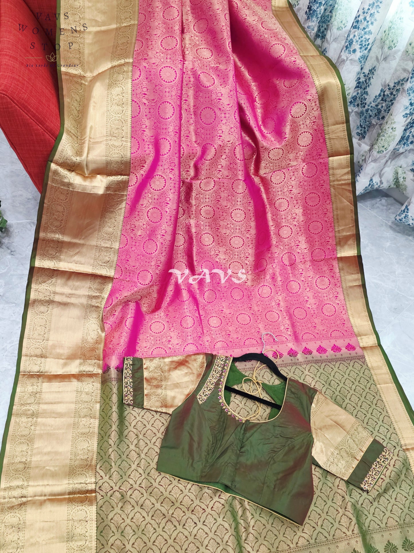 Royal Lotus Pink & Olive Moss Green Pure Kanchi Double Warp Soft Silk Saree with Designer Maggam Blouse