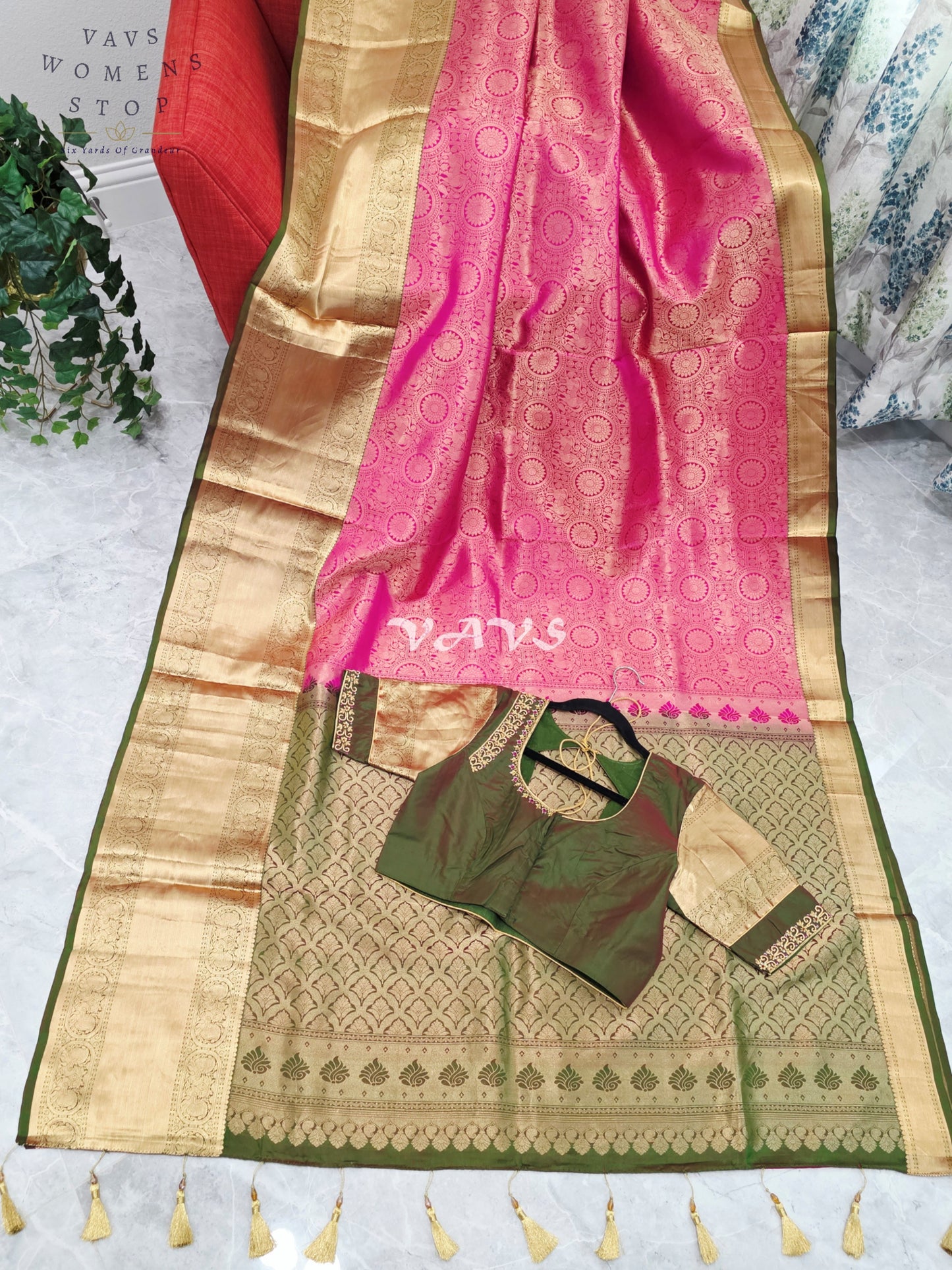 Royal Lotus Pink & Olive Moss Green Pure Kanchi Double Warp Soft Silk Saree with Designer Maggam Blouse