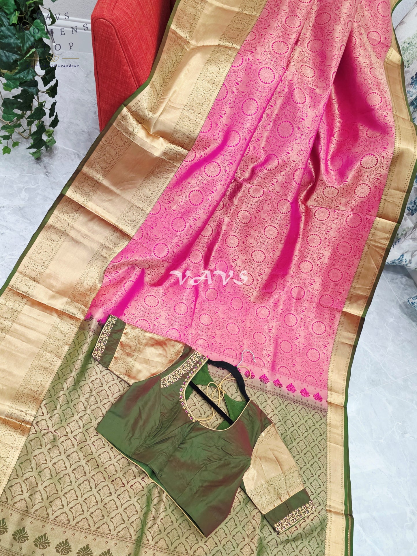 Royal Lotus Pink & Olive Moss Green Pure Kanchi Double Warp Soft Silk Saree with Designer Maggam Blouse