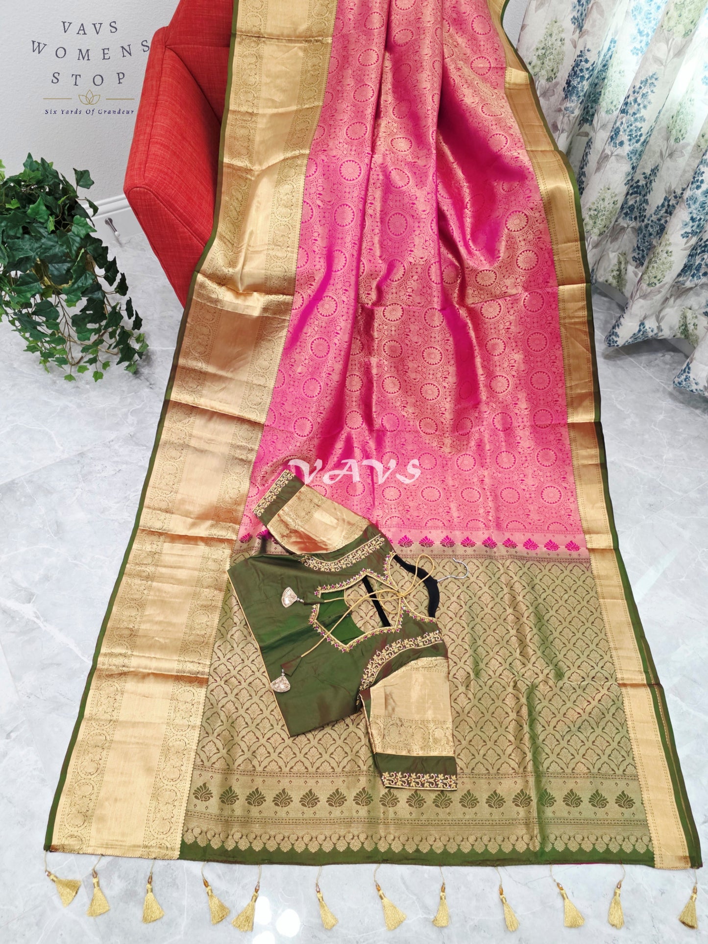 Royal Lotus Pink & Olive Moss Green Pure Kanchi Double Warp Soft Silk Saree with Designer Maggam Blouse
