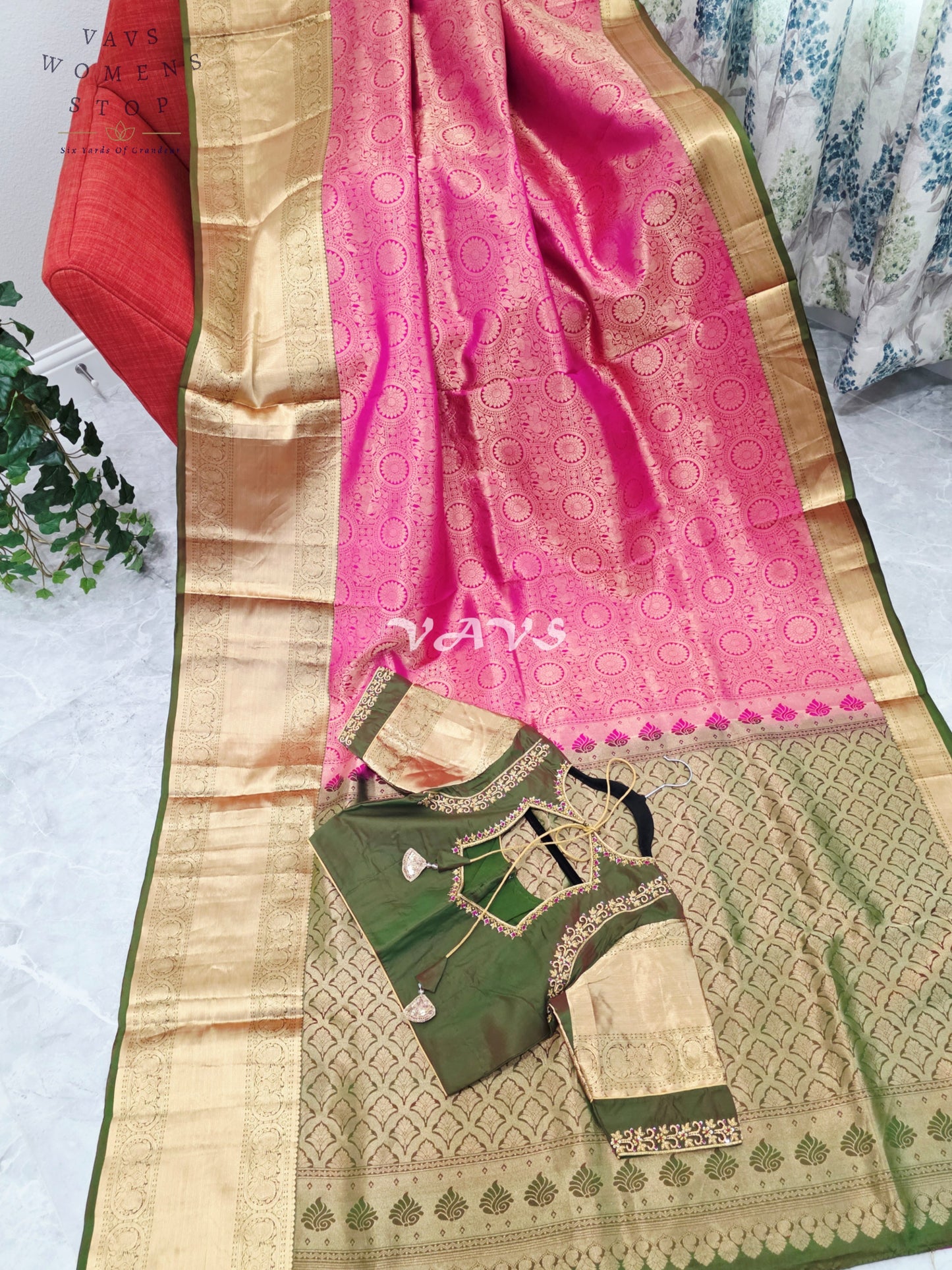 Royal Lotus Pink & Olive Moss Green Pure Kanchi Double Warp Soft Silk Saree with Designer Maggam Blouse