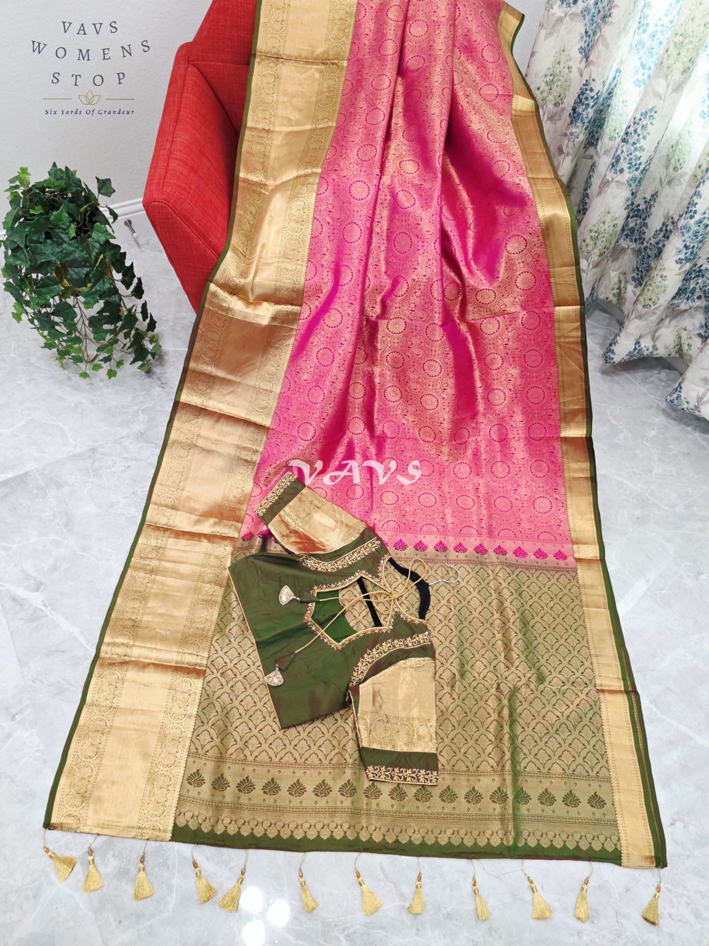 Royal Lotus Pink & Olive Moss Green Pure Kanchi Double Warp Soft Silk Saree with Designer Maggam Blouse
