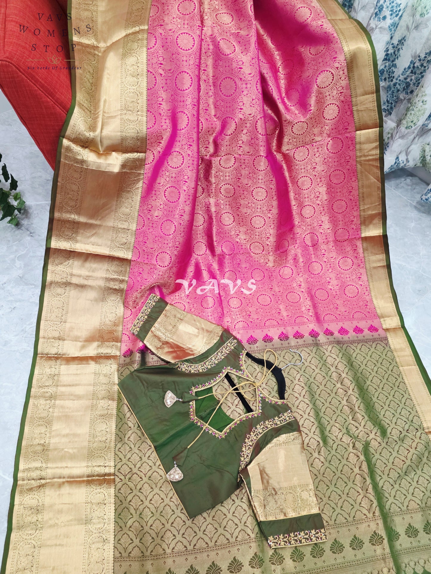 Royal Lotus Pink & Olive Moss Green Pure Kanchi Double Warp Soft Silk Saree with Designer Maggam Blouse