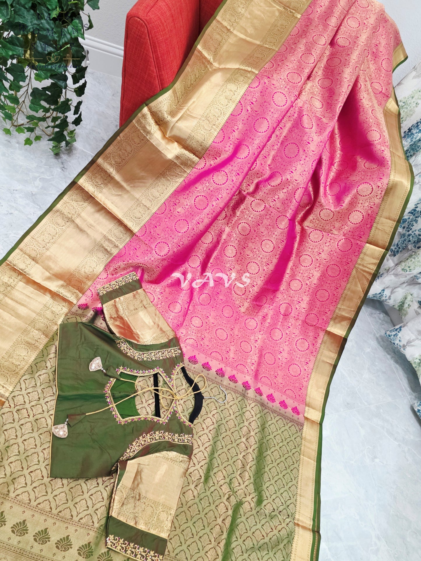 Royal Lotus Pink & Olive Moss Green Pure Kanchi Double Warp Soft Silk Saree with Designer Maggam Blouse