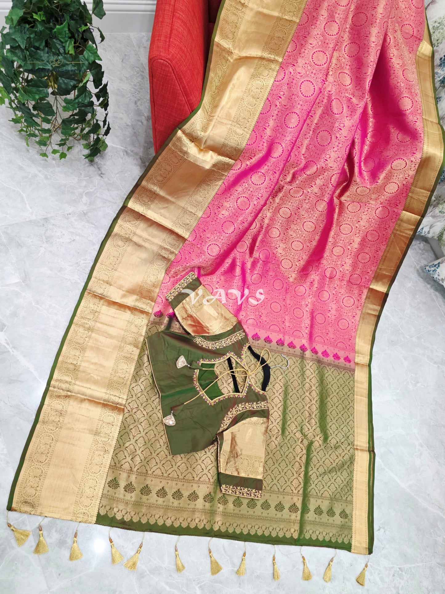 Royal Lotus Pink & Olive Moss Green Pure Kanchi Double Warp Soft Silk Saree with Designer Maggam Blouse