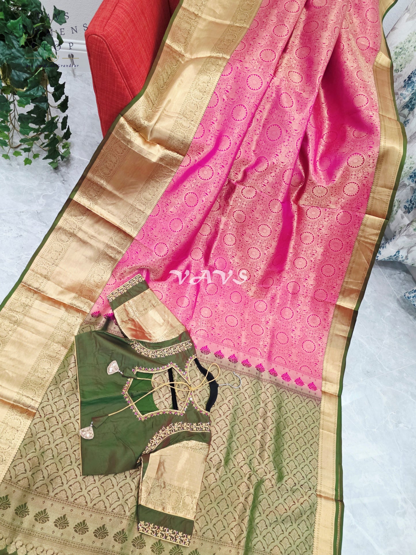 Royal Lotus Pink & Olive Moss Green Pure Kanchi Double Warp Soft Silk Saree with Designer Maggam Blouse