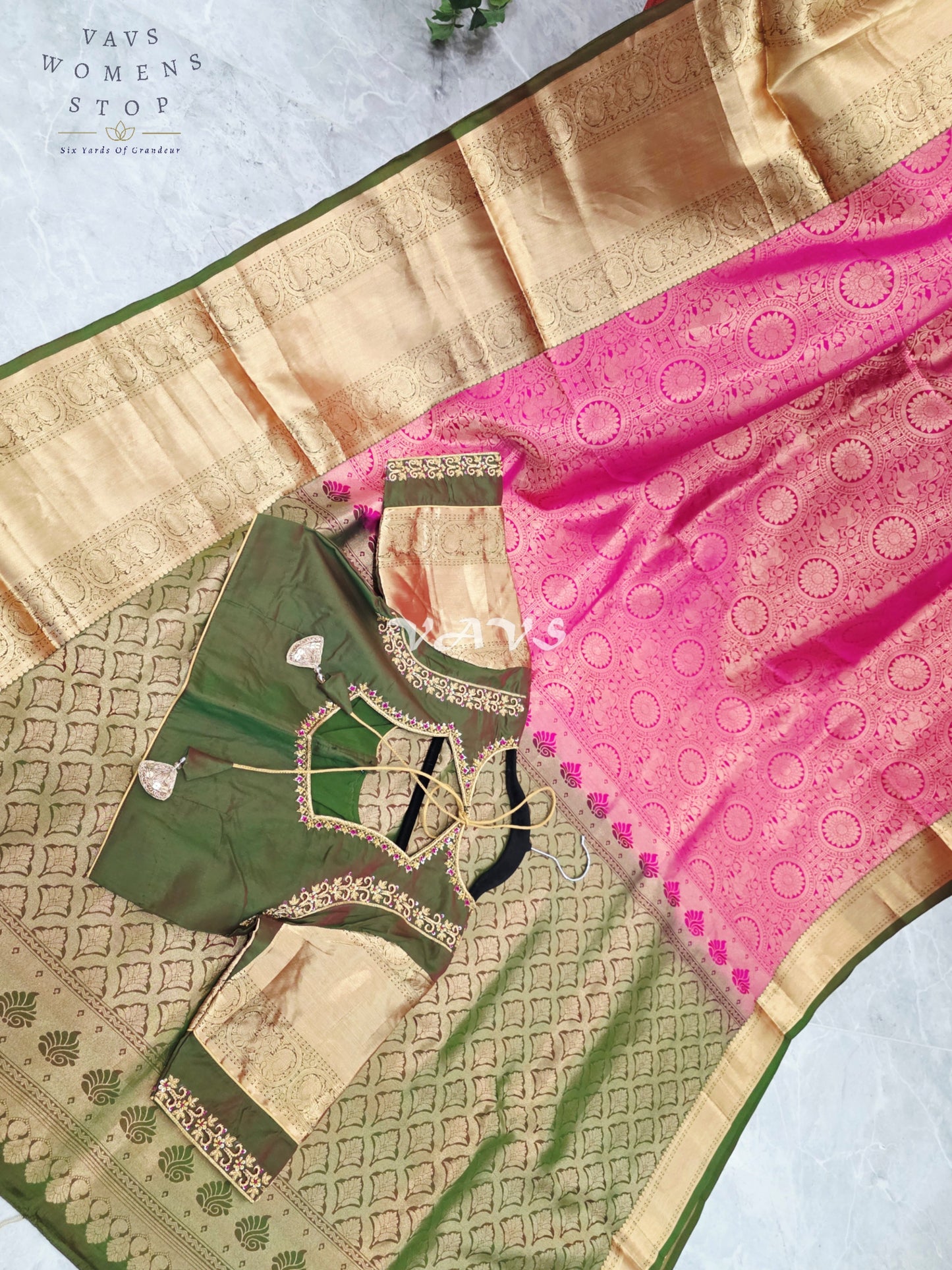 Royal Lotus Pink & Olive Moss Green Pure Kanchi Double Warp Soft Silk Saree with Designer Maggam Blouse