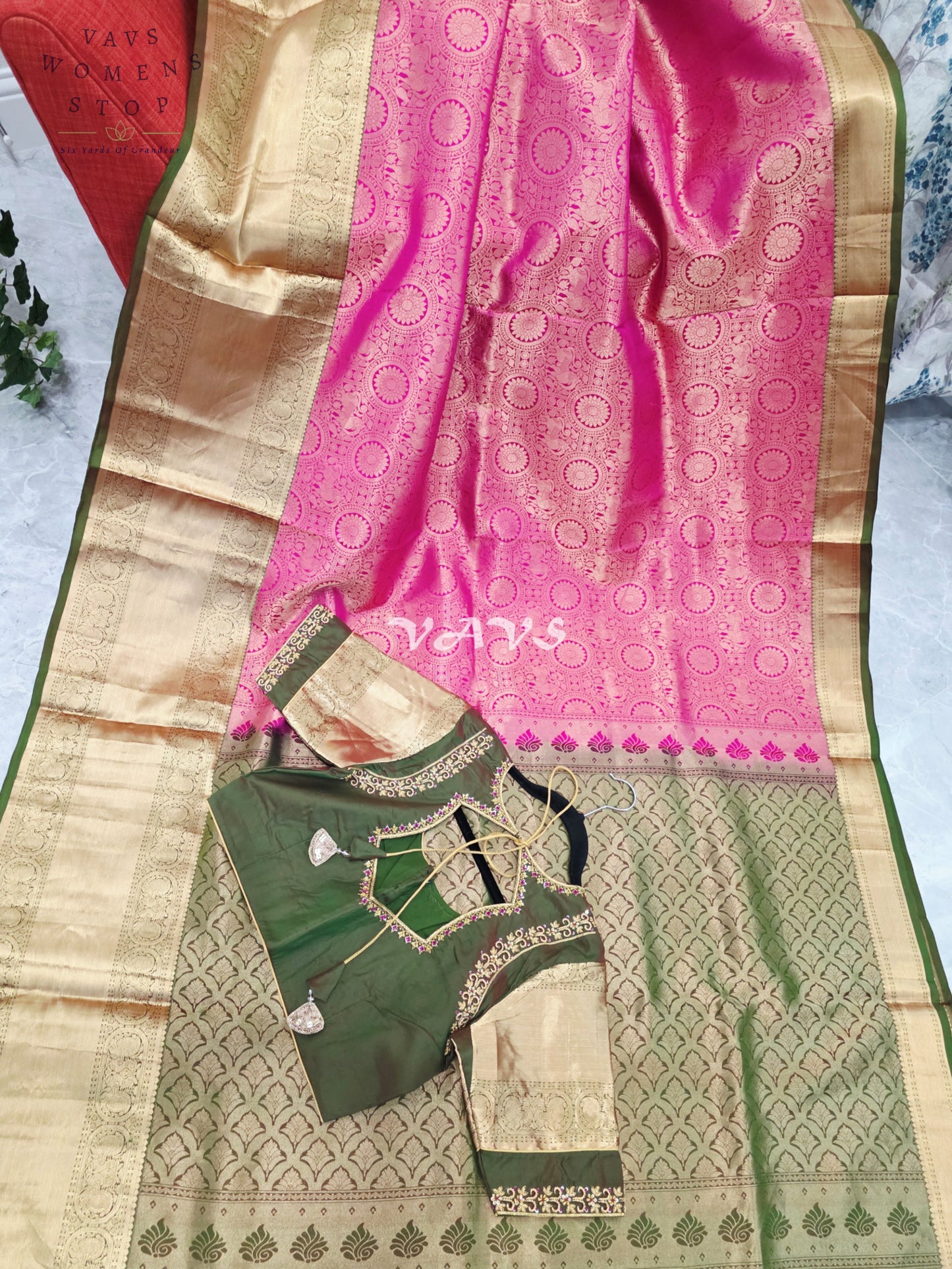 Royal Lotus Pink & Olive Moss Green Pure Kanchi Double Warp Soft Silk Saree with Designer Maggam Blouse