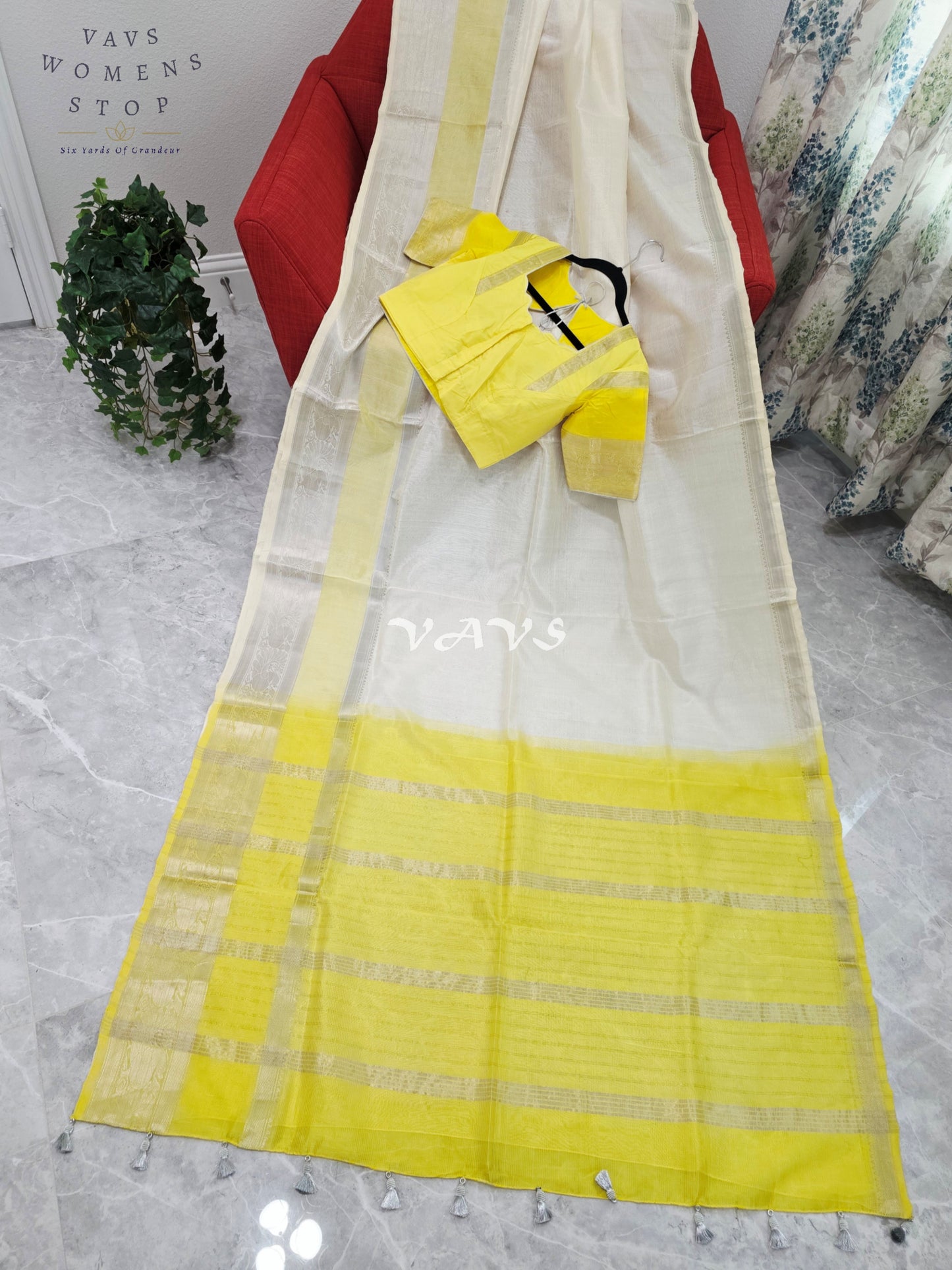 Nara Brahmani Inspired Mangalagiri Pattu Saree with Stitched Blouse | Yellow & Off-White