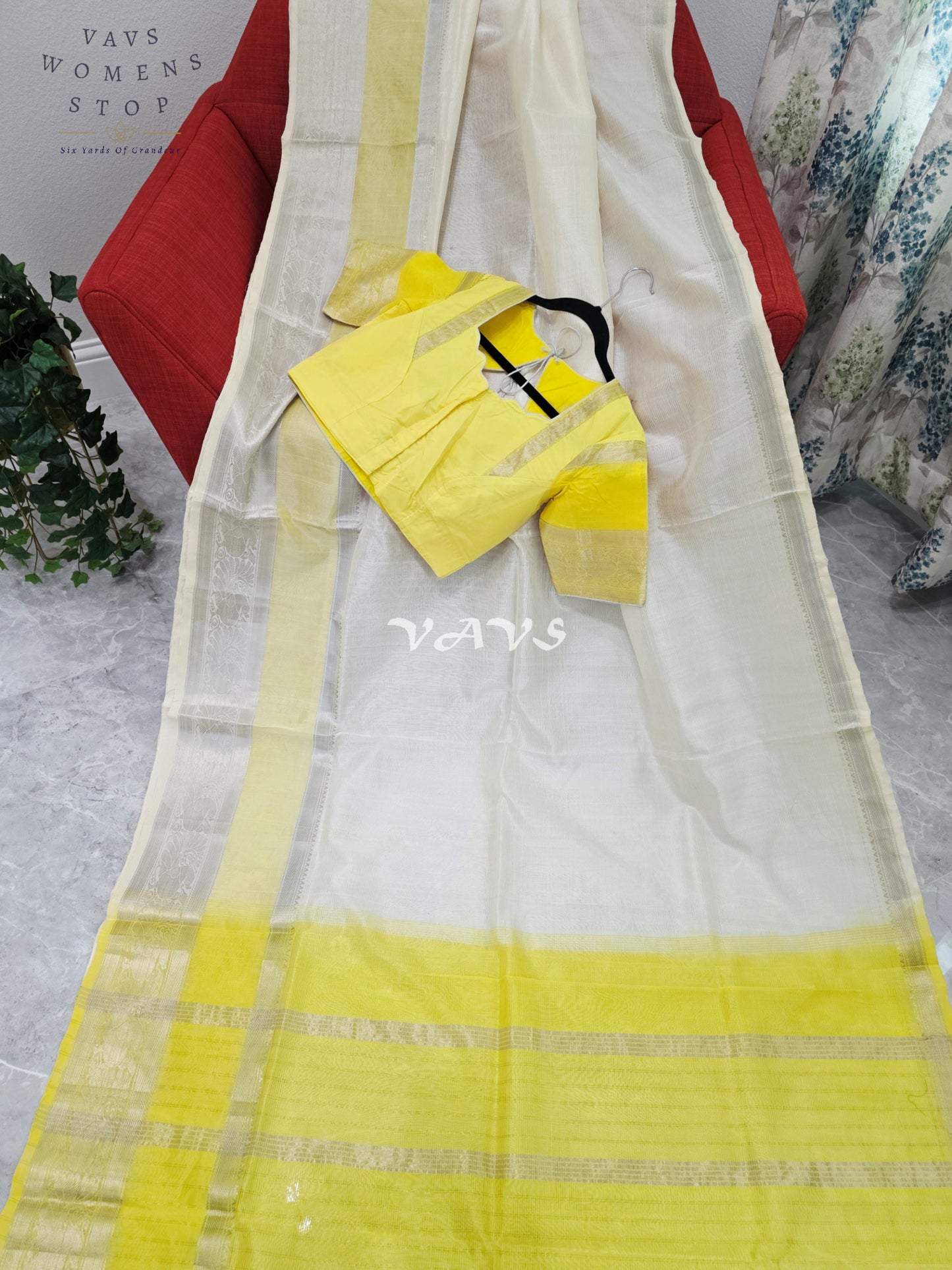 Nara Brahmani Inspired Mangalagiri Pattu Saree with Stitched Blouse | Yellow & Off-White