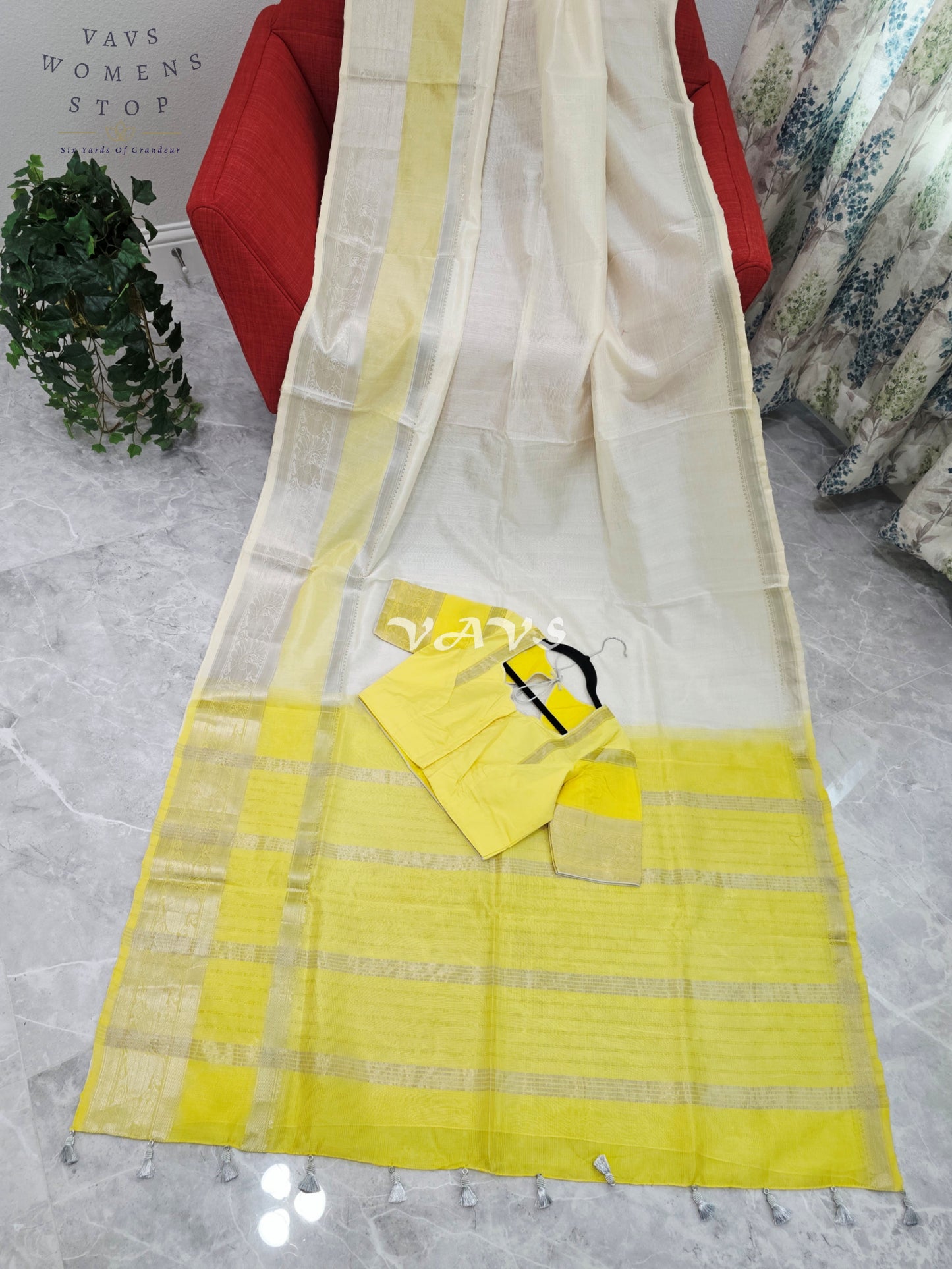 Nara Brahmani Inspired Mangalagiri Pattu Saree with Stitched Blouse | Yellow & Off-White