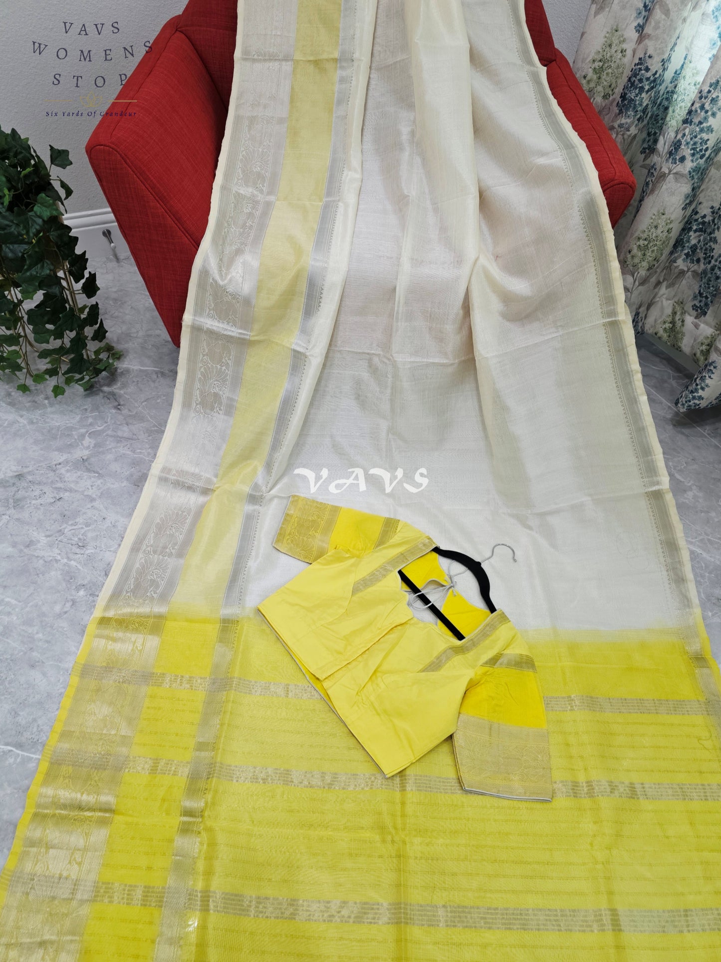 Nara Brahmani Inspired Mangalagiri Pattu Saree with Stitched Blouse | Yellow & Off-White