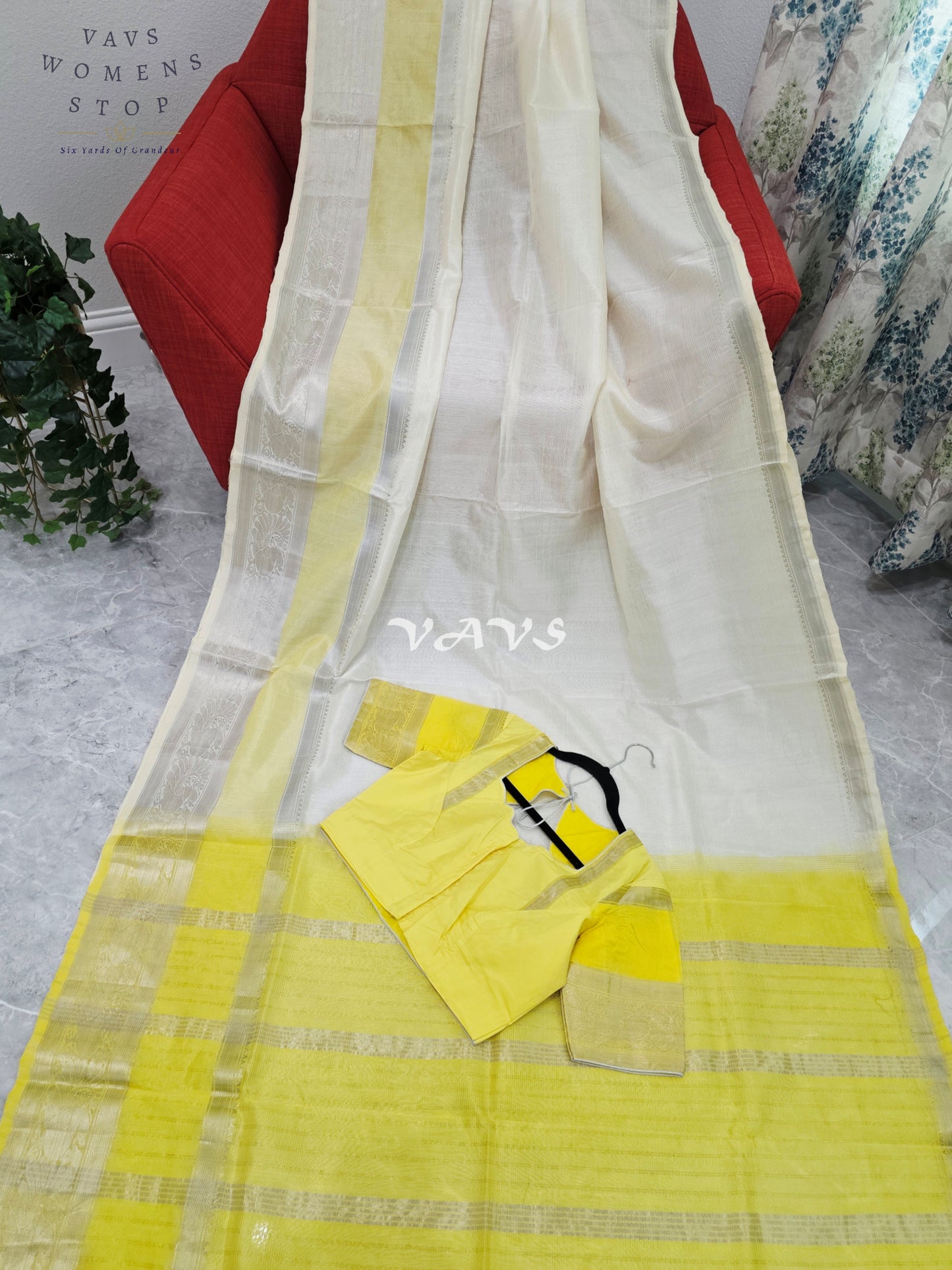 Nara Brahmani Inspired Mangalagiri Pattu Saree with Stitched Blouse | Yellow & Off-White