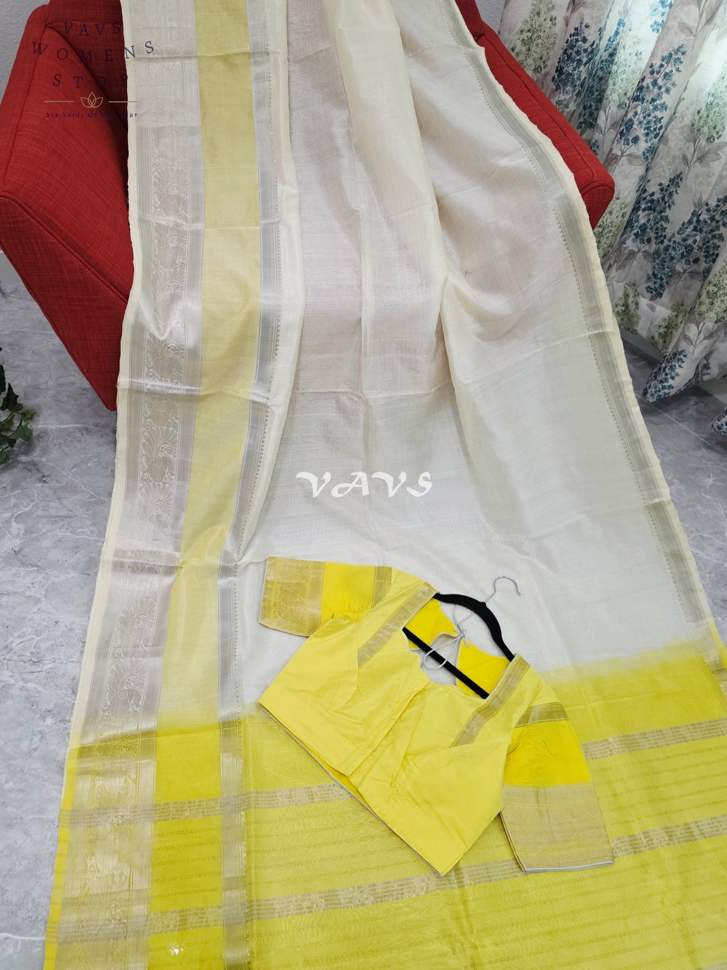 Nara Brahmani Inspired Mangalagiri Pattu Saree with Stitched Blouse | Yellow & Off-White