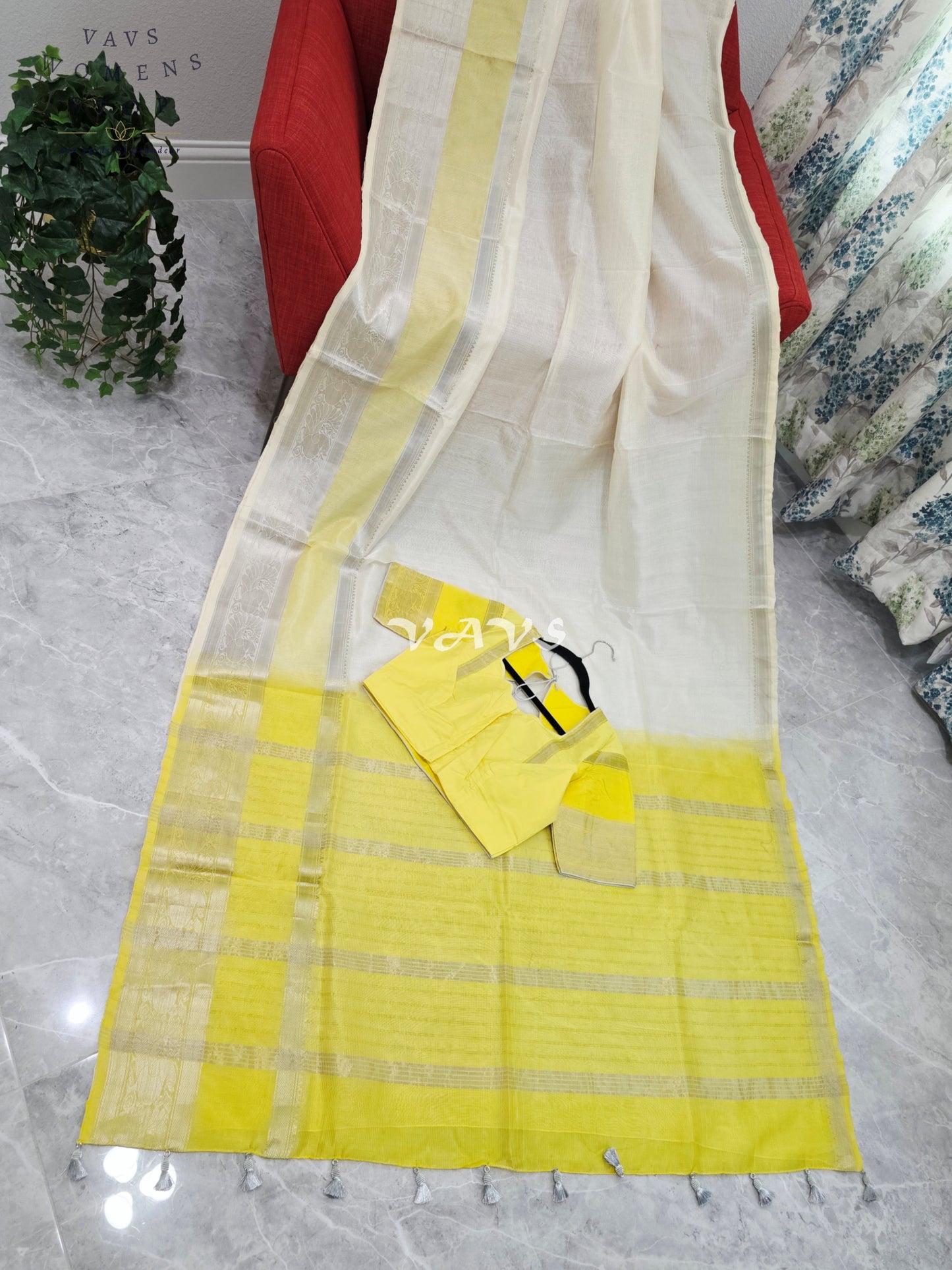 Nara Brahmani Inspired Mangalagiri Pattu Saree with Stitched Blouse | Yellow & Off-White