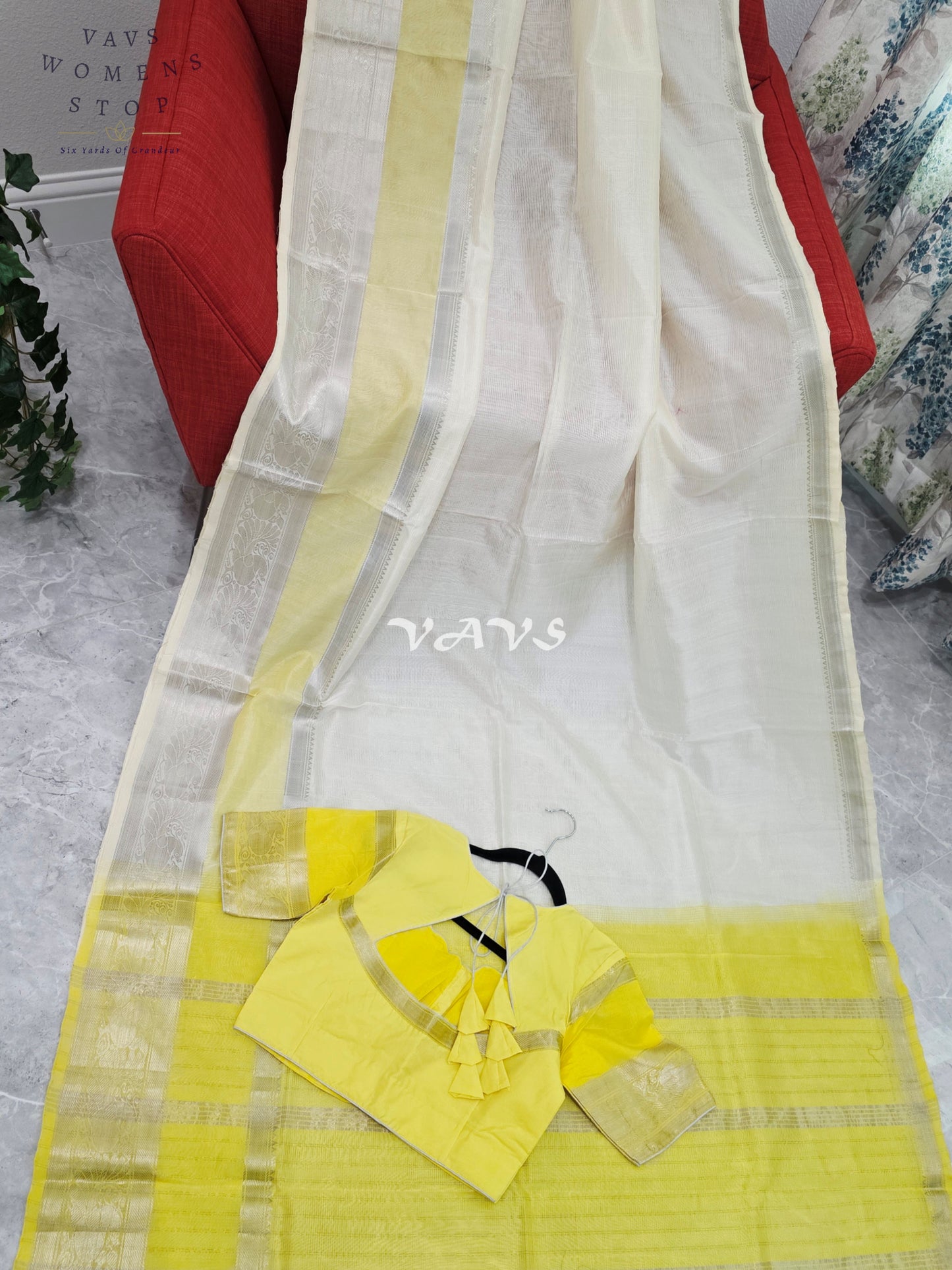 Nara Brahmani Inspired Mangalagiri Pattu Saree with Stitched Blouse | Yellow & Off-White