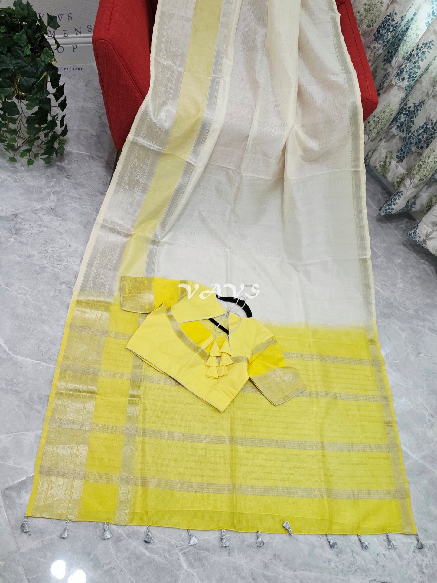 Nara Brahmani Inspired Mangalagiri Pattu Saree with Stitched Blouse | Yellow & Off-White