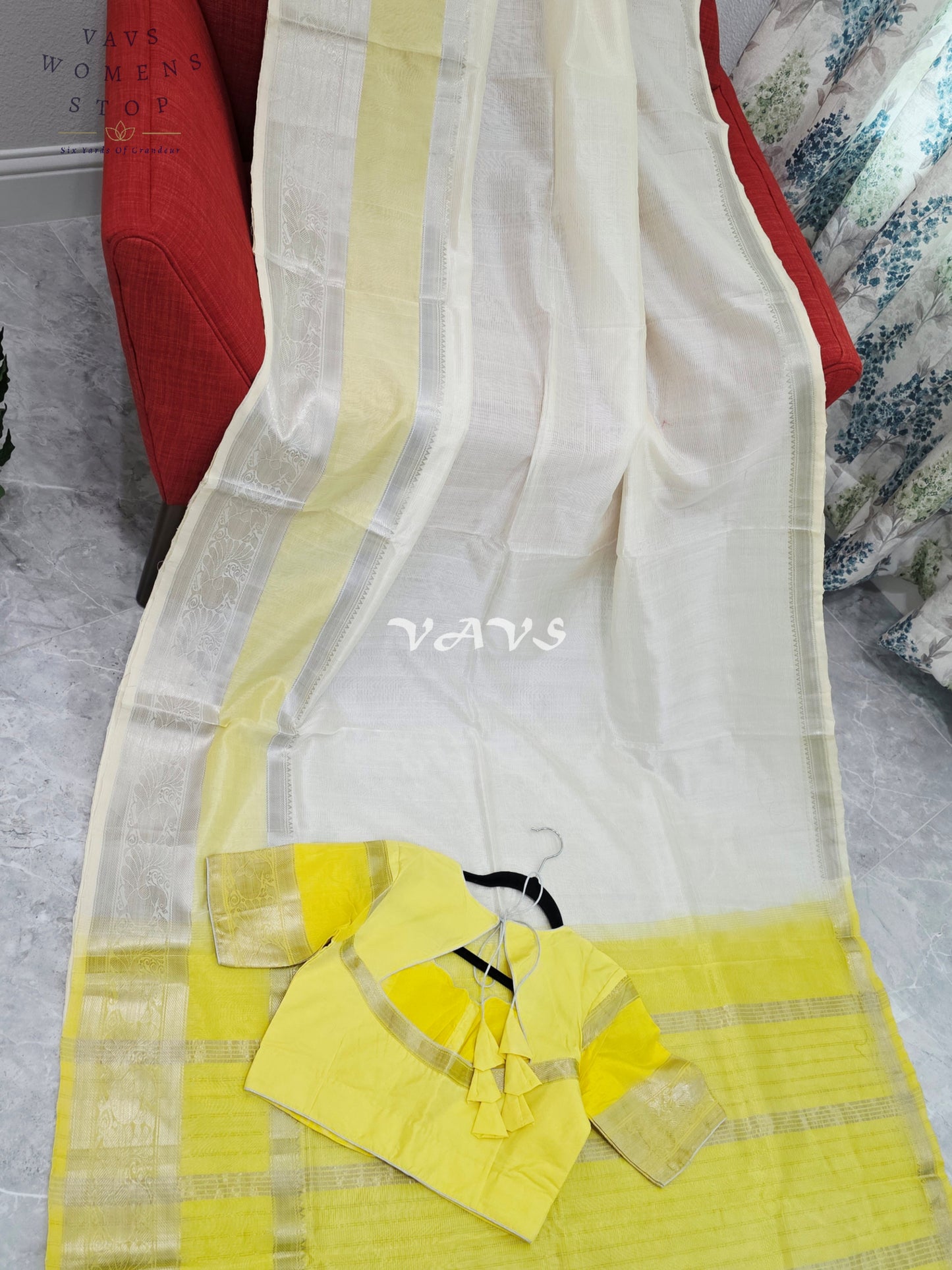Nara Brahmani Inspired Mangalagiri Pattu Saree with Stitched Blouse | Yellow & Off-White