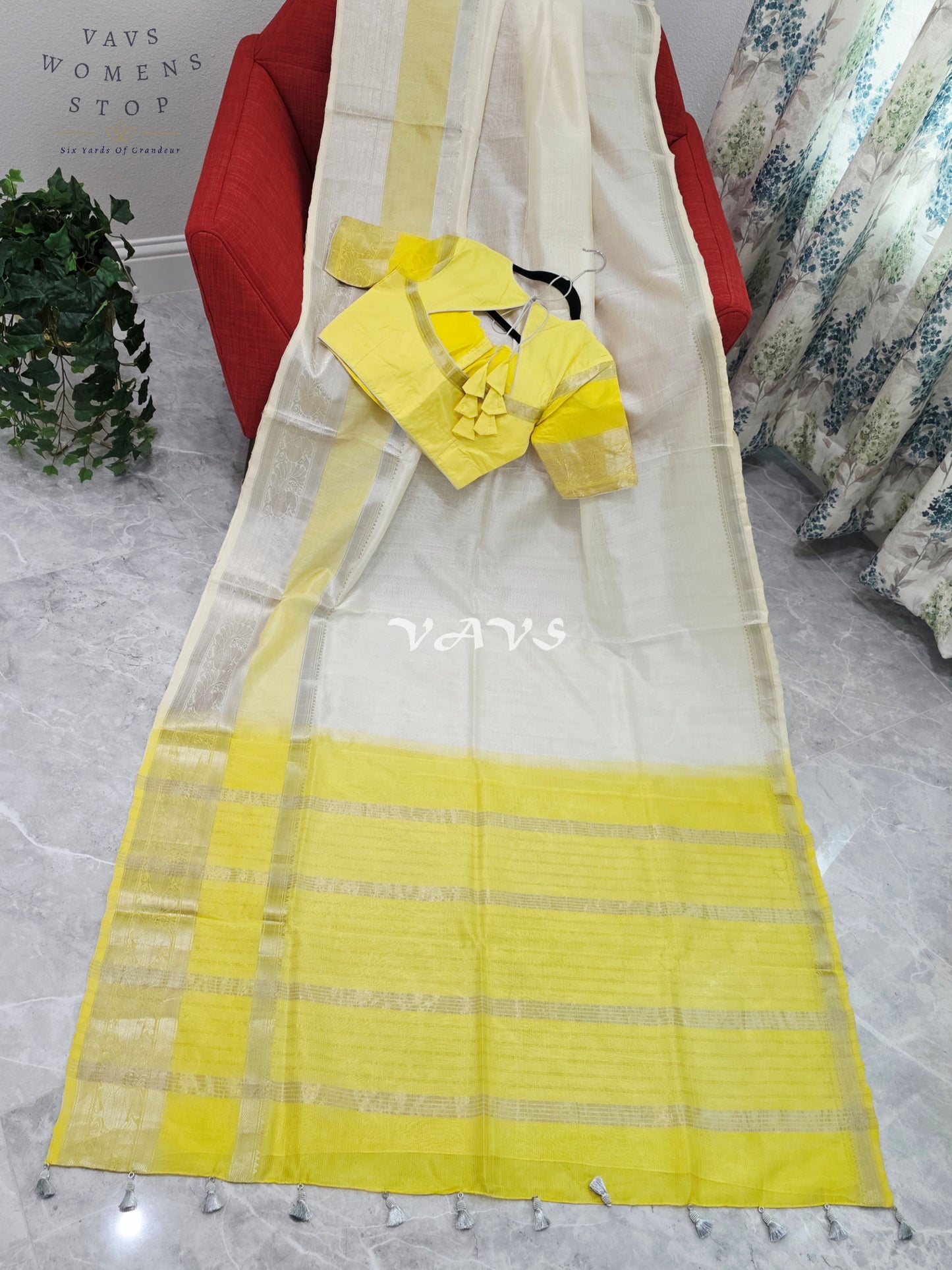 Nara Brahmani Inspired Mangalagiri Pattu Saree with Stitched Blouse | Yellow & Off-White