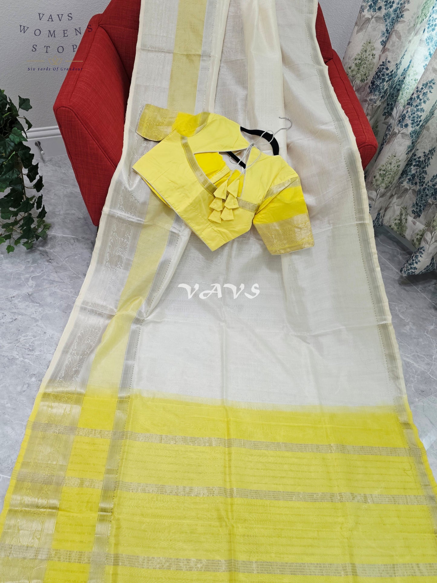 Nara Brahmani Inspired Mangalagiri Pattu Saree with Stitched Blouse | Yellow & Off-White