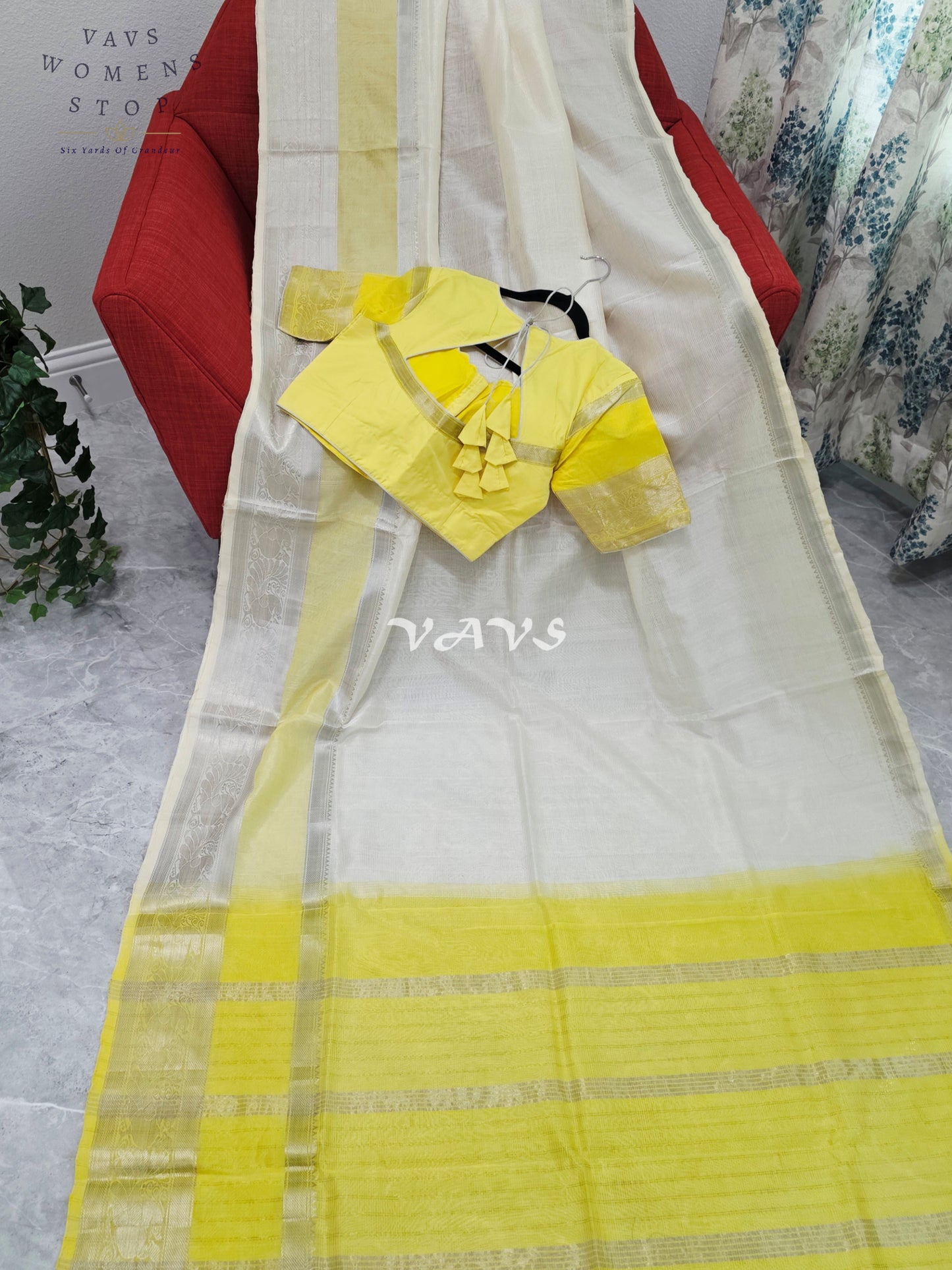 Nara Brahmani Inspired Mangalagiri Pattu Saree with Stitched Blouse | Yellow & Off-White