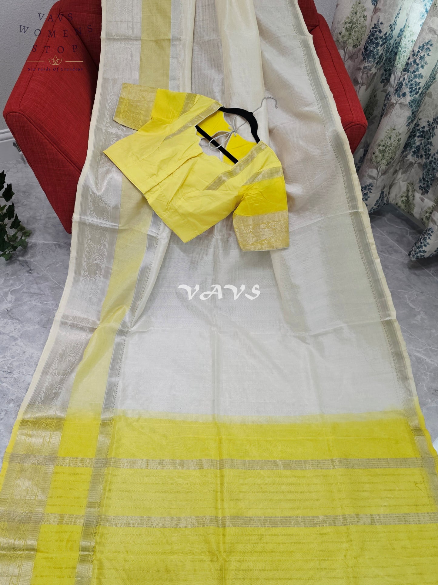 Nara Brahmani Inspired Mangalagiri Pattu Saree with Stitched Blouse | Yellow & Off-White