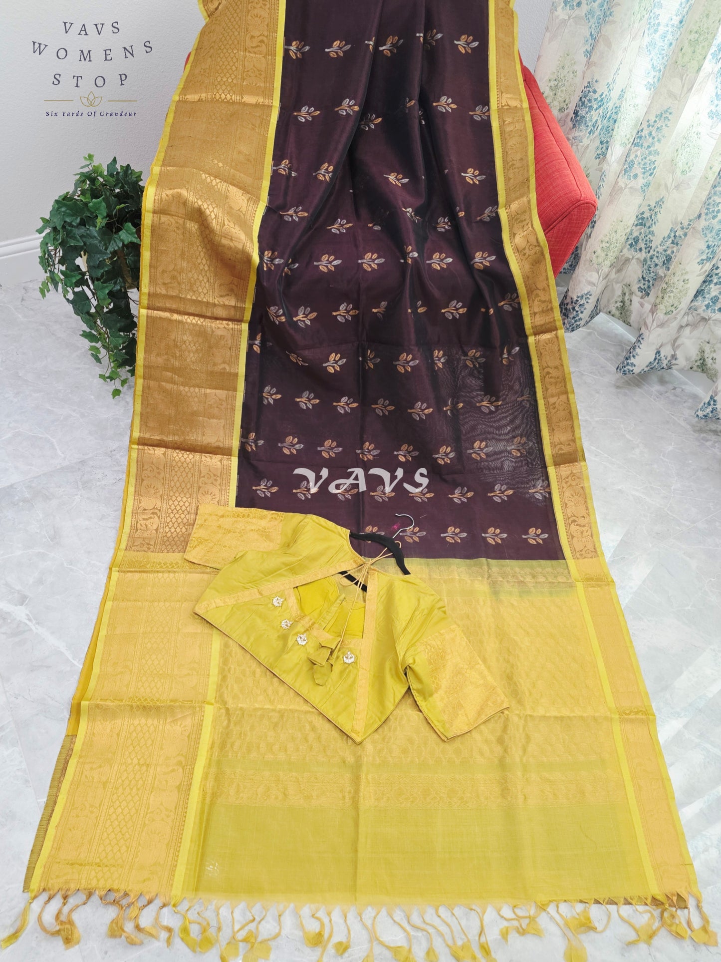 Royal Cocoa Brown & Harvest Gold Mangalagiri Pattu Handloom Silk Cotton Saree with Olive Green Border & Stitched Blouse Size 42-48