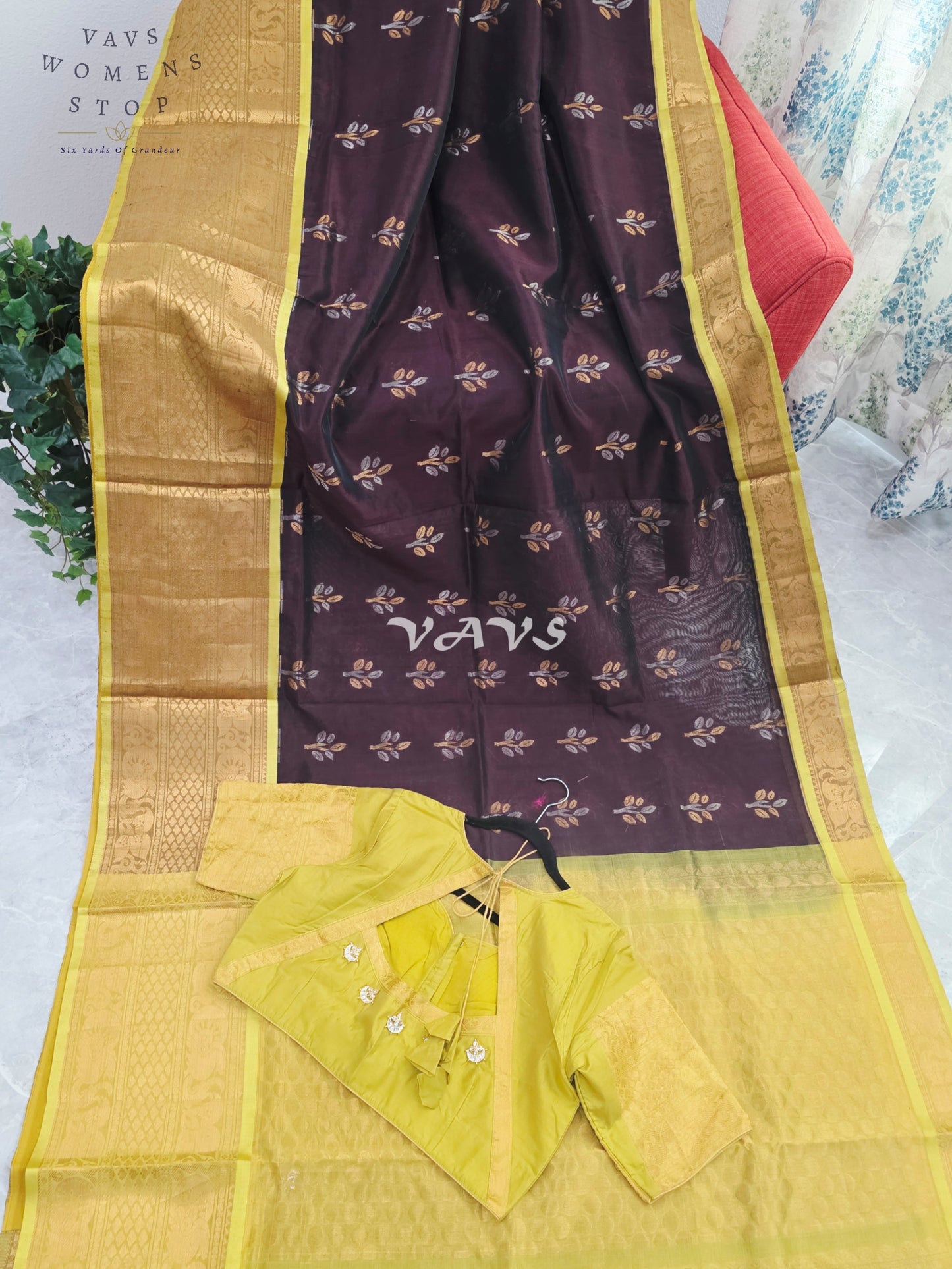 Royal Cocoa Brown & Harvest Gold Mangalagiri Pattu Handloom Silk Cotton Saree with Olive Green Border & Stitched Blouse Size 42-48
