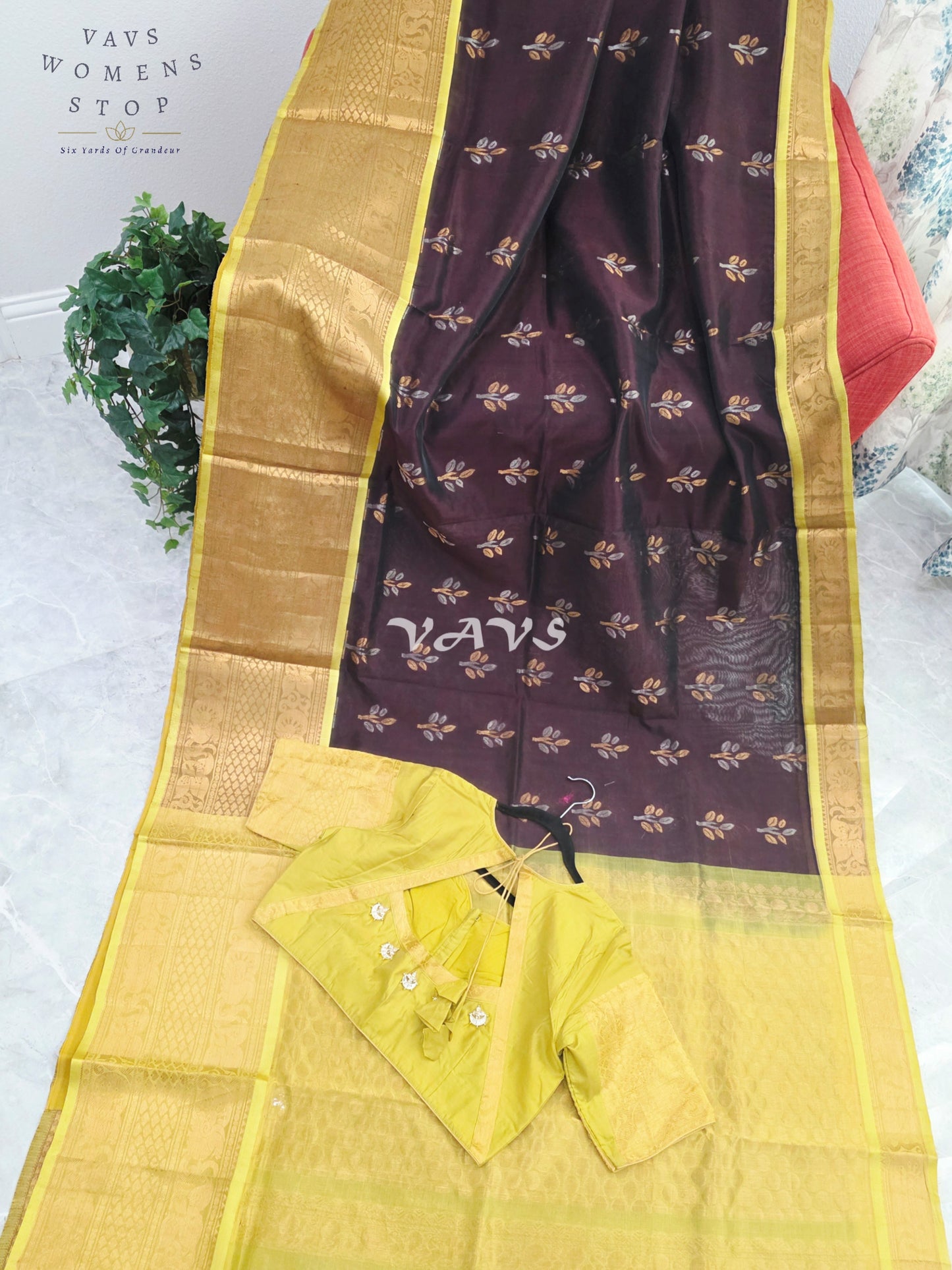 Royal Cocoa Brown & Harvest Gold Mangalagiri Pattu Handloom Silk Cotton Saree with Olive Green Border & Stitched Blouse Size 42-48
