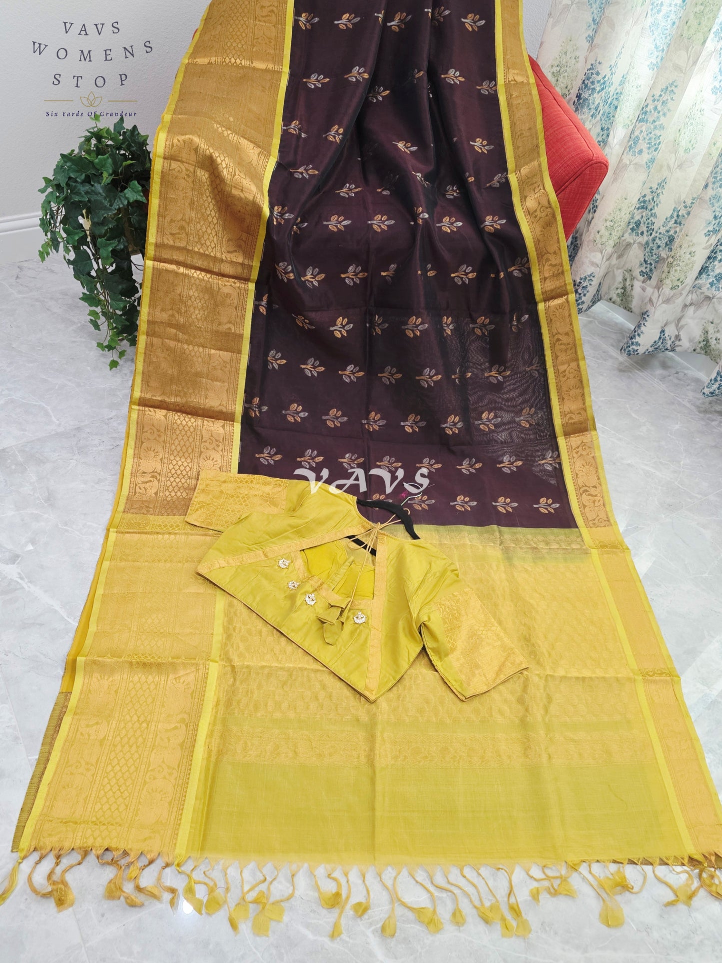 Royal Cocoa Brown & Harvest Gold Mangalagiri Pattu Handloom Silk Cotton Saree with Olive Green Border & Stitched Blouse Size 42-48
