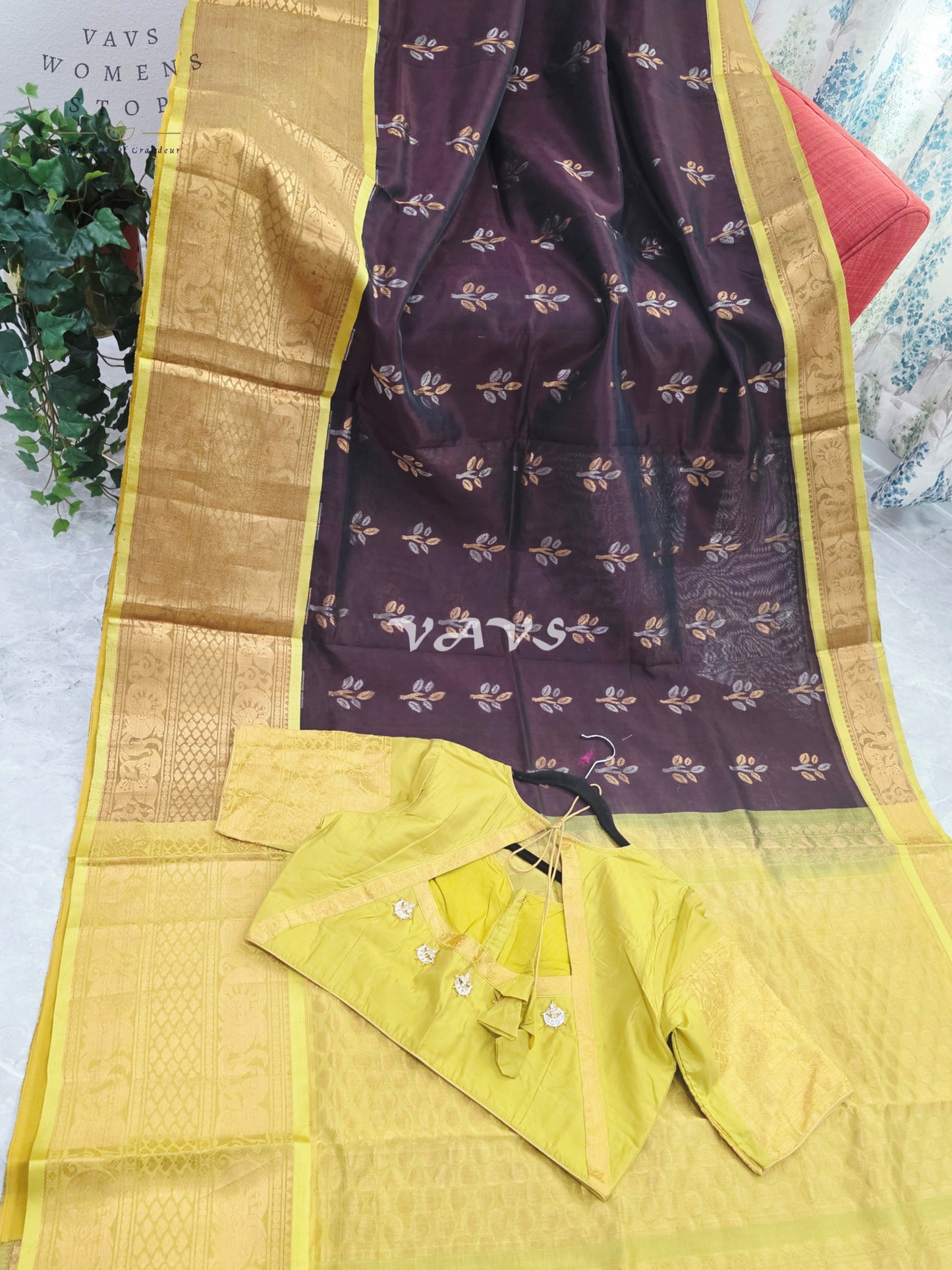 Royal Cocoa Brown & Harvest Gold Mangalagiri Pattu Handloom Silk Cotton Saree with Olive Green Border & Stitched Blouse Size 42-48