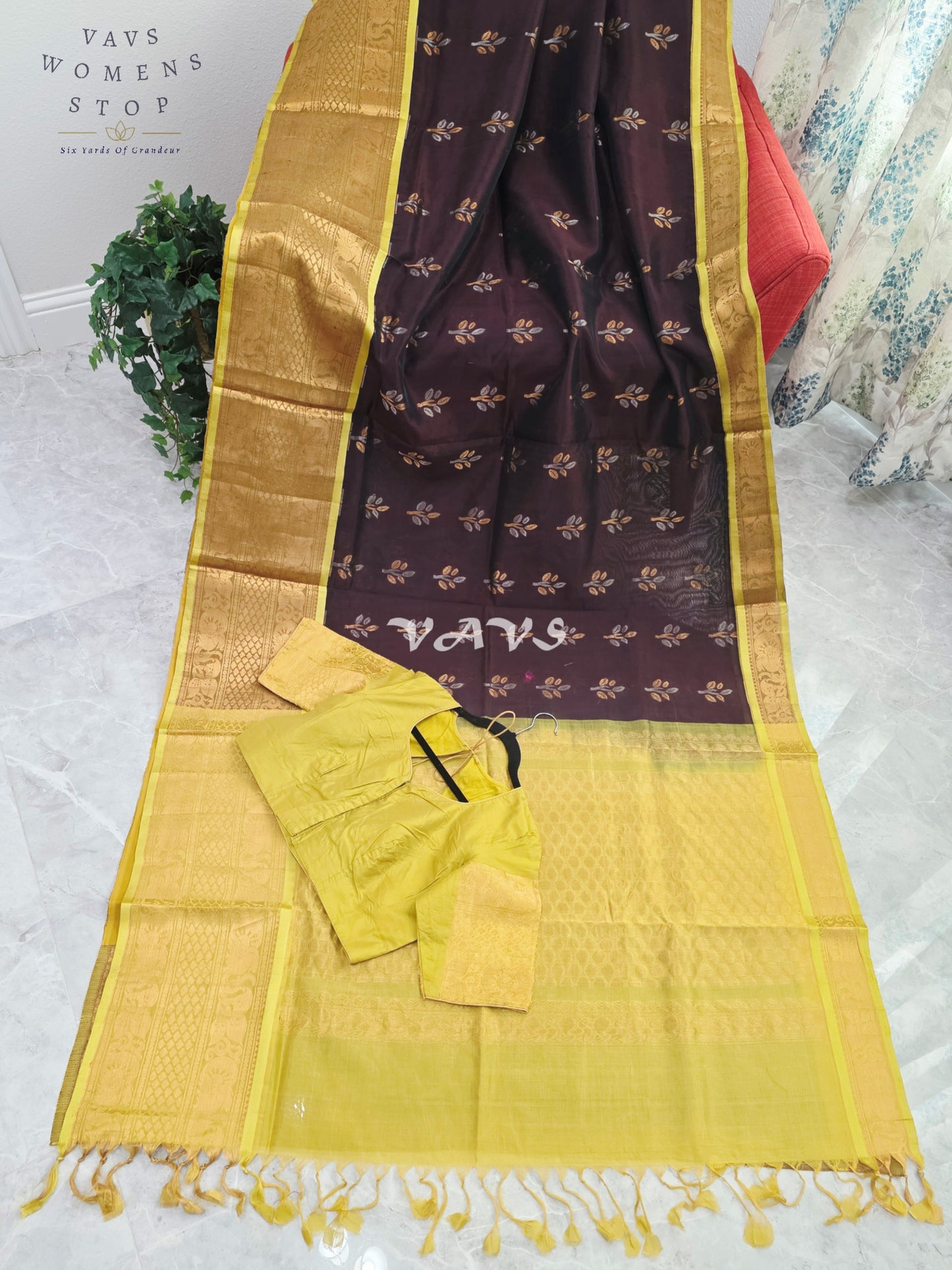 Royal Cocoa Brown & Harvest Gold Mangalagiri Pattu Handloom Silk Cotton Saree with Olive Green Border & Stitched Blouse Size 42-48