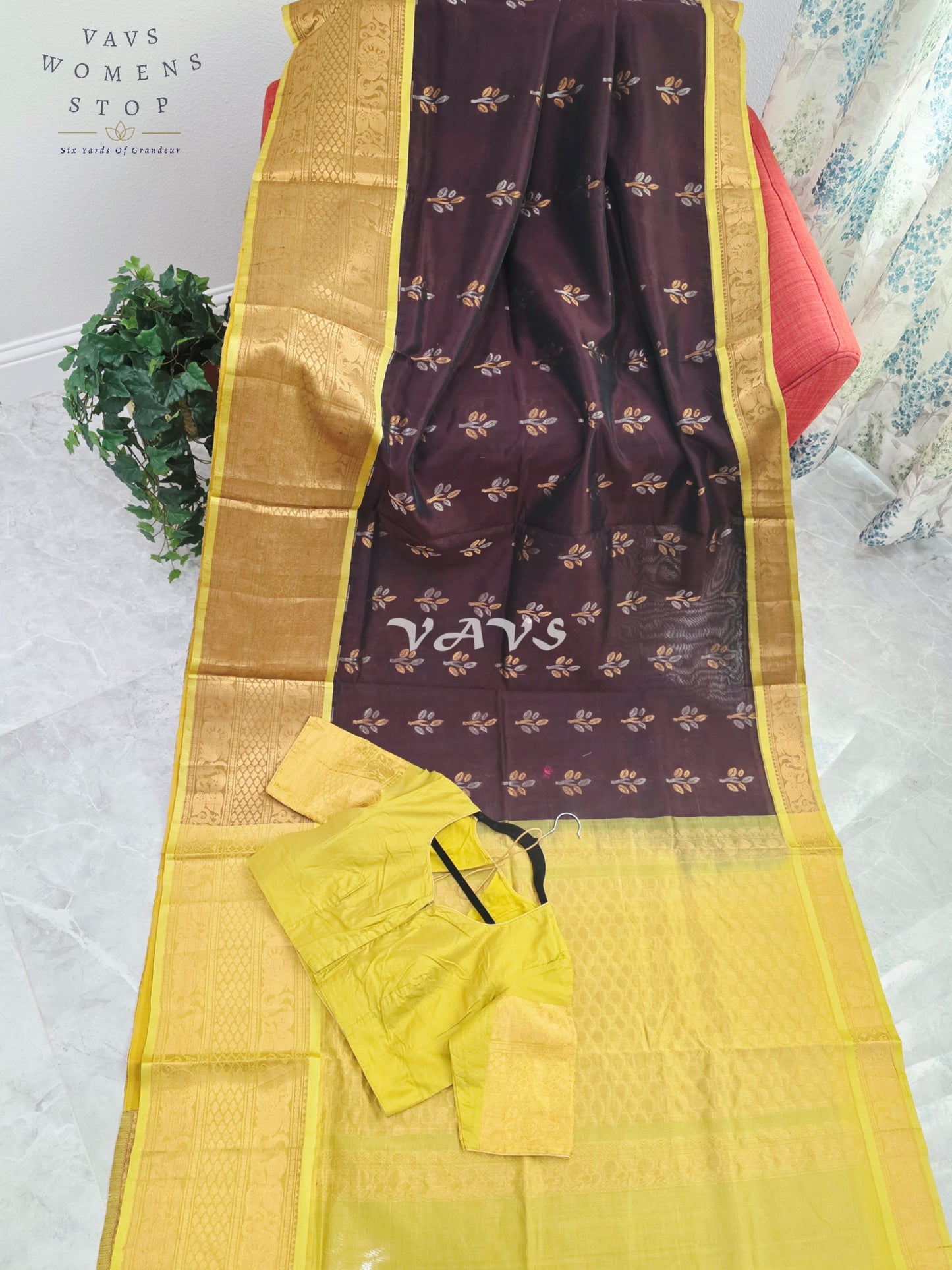 Royal Cocoa Brown & Harvest Gold Mangalagiri Pattu Handloom Silk Cotton Saree with Olive Green Border & Stitched Blouse Size 42-48