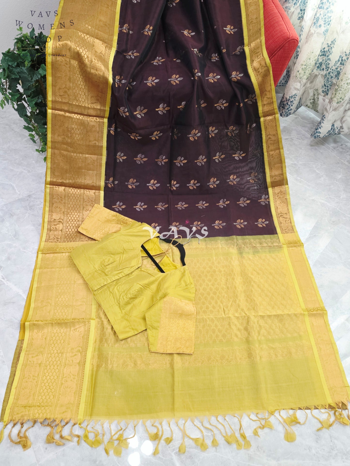 Royal Cocoa Brown & Harvest Gold Mangalagiri Pattu Handloom Silk Cotton Saree with Olive Green Border & Stitched Blouse Size 42-48