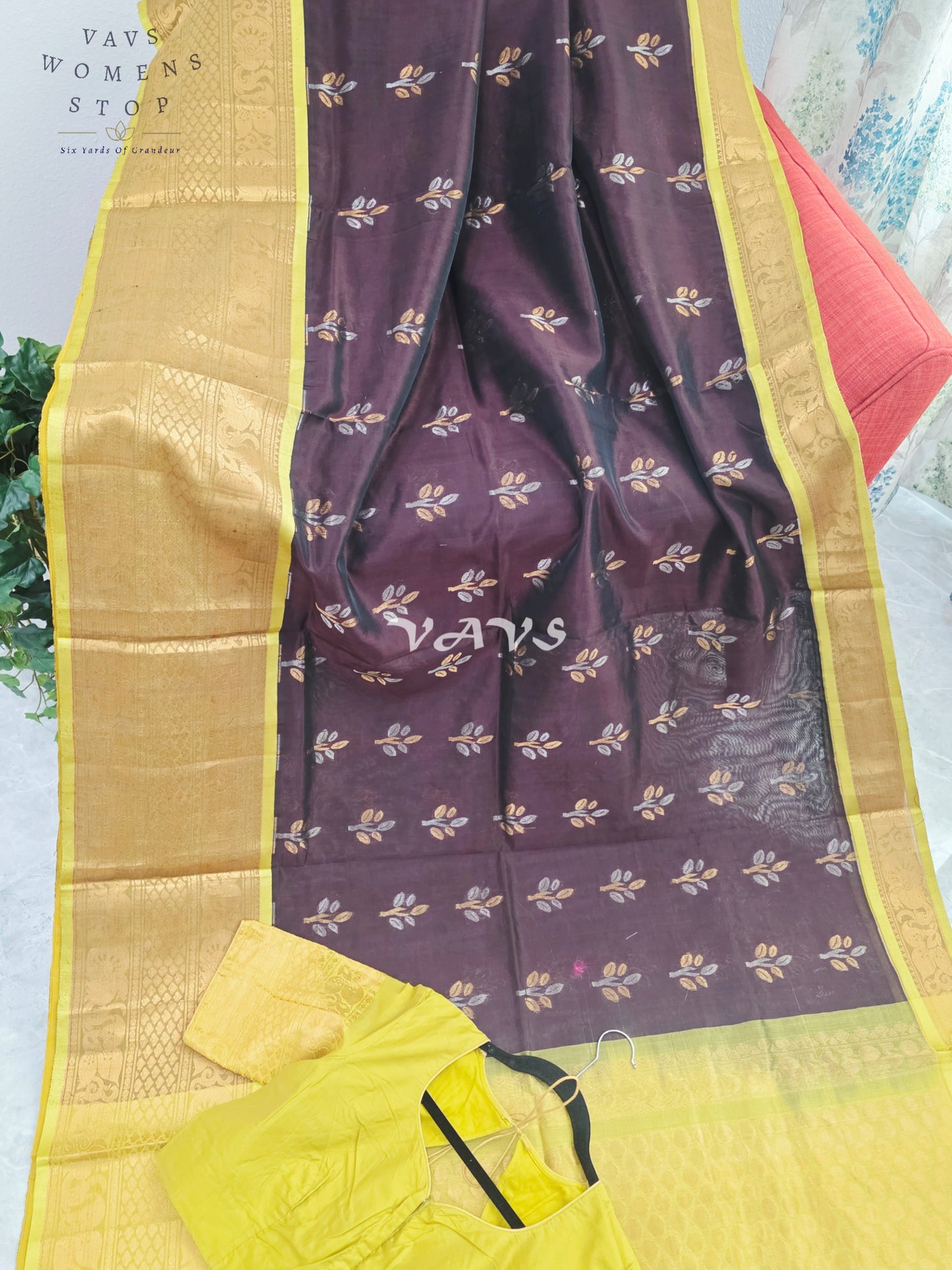 Royal Cocoa Brown & Harvest Gold Mangalagiri Pattu Handloom Silk Cotton Saree with Olive Green Border & Stitched Blouse Size 42-48