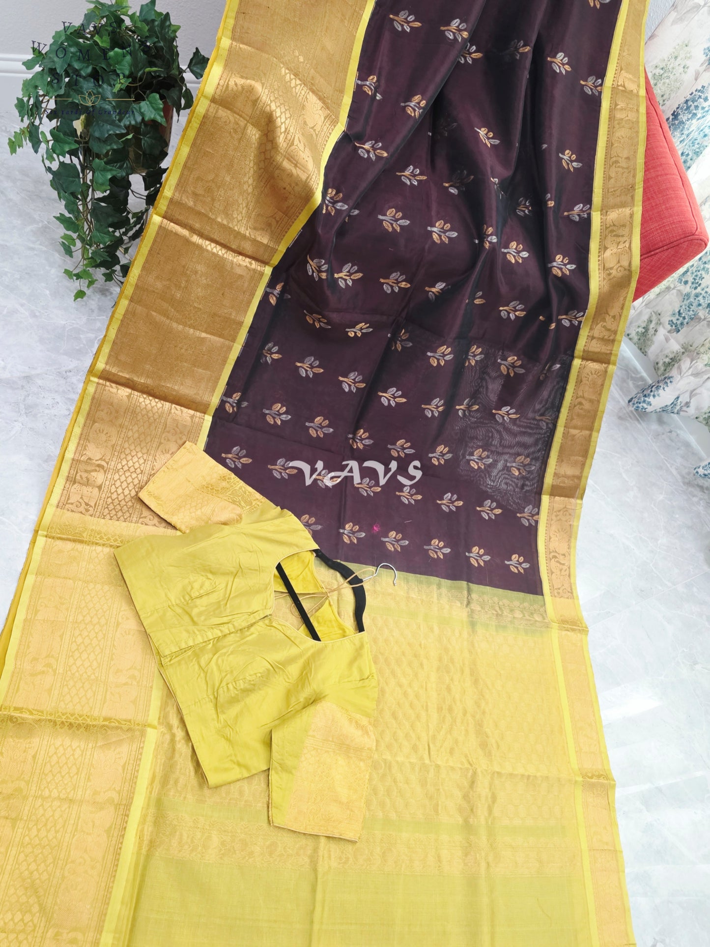 Royal Cocoa Brown & Harvest Gold Mangalagiri Pattu Handloom Silk Cotton Saree with Olive Green Border & Stitched Blouse Size 42-48