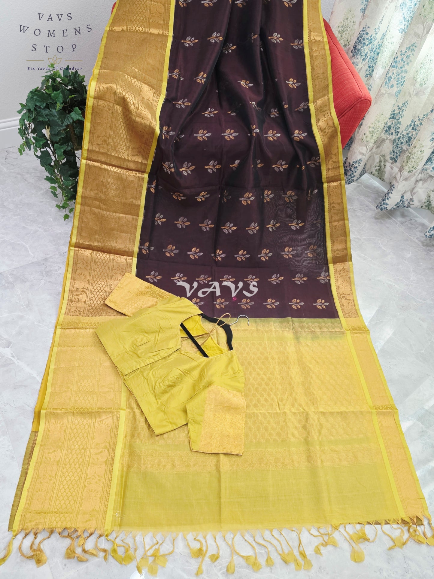 Royal Cocoa Brown & Harvest Gold Mangalagiri Pattu Handloom Silk Cotton Saree with Olive Green Border & Stitched Blouse Size 42-48