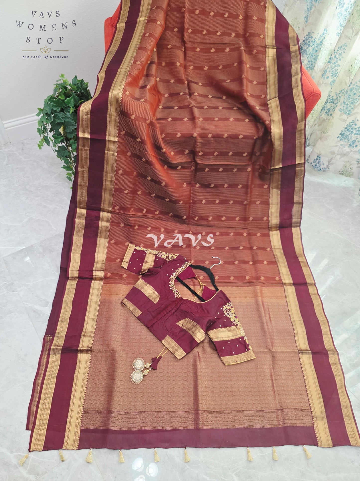 Royal Cinnamon Copper & Mulberry Wine Pure Kanchi Double Warp Soft Silk Gap Border Saree with Designer Maggam Blouse