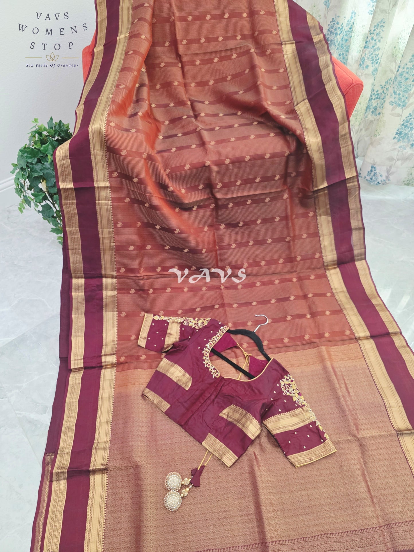 Royal Cinnamon Copper & Mulberry Wine Pure Kanchi Double Warp Soft Silk Gap Border Saree with Designer Maggam Blouse