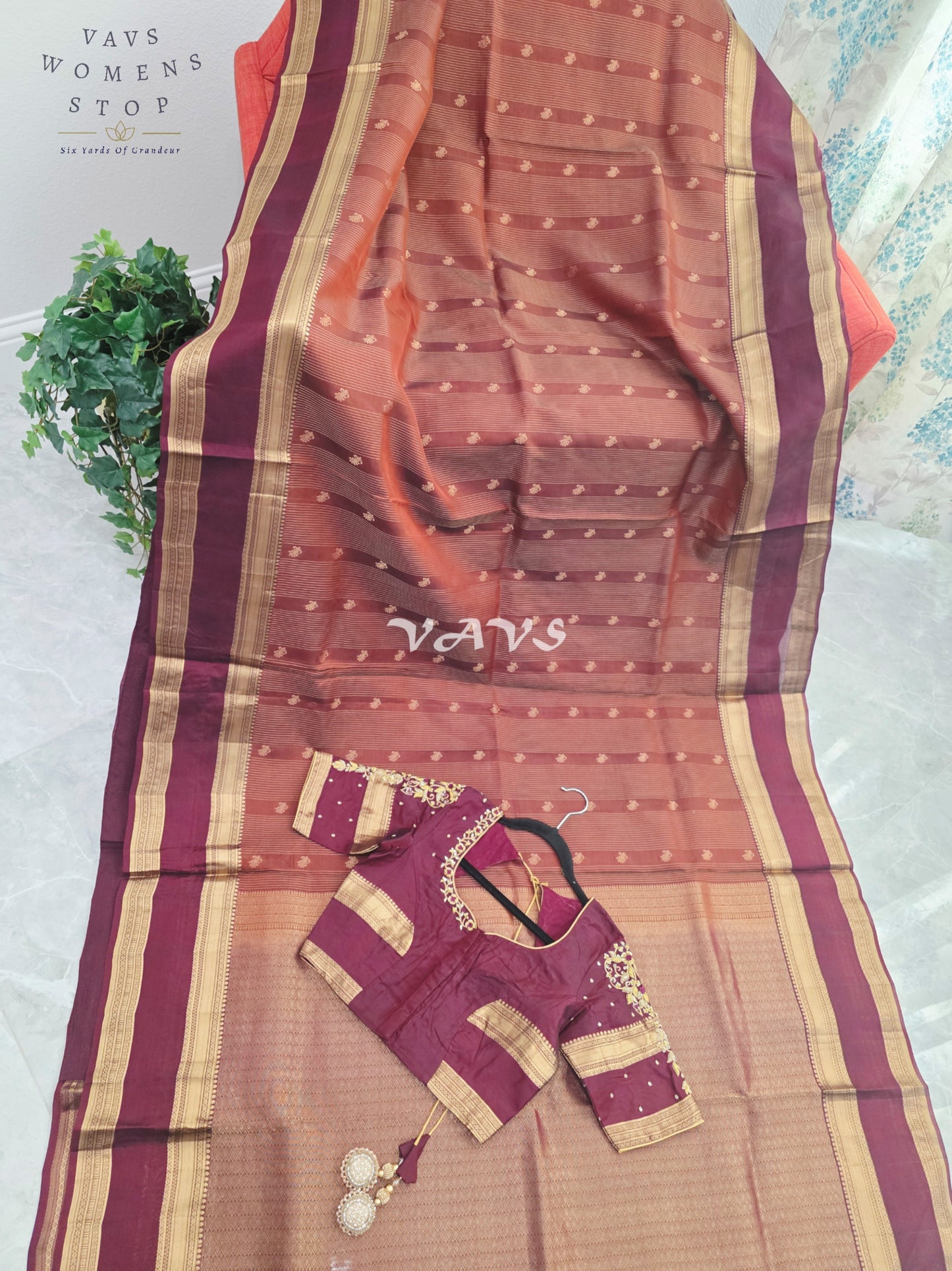 Royal Cinnamon Copper & Mulberry Wine Pure Kanchi Double Warp Soft Silk Gap Border Saree with Designer Maggam Blouse