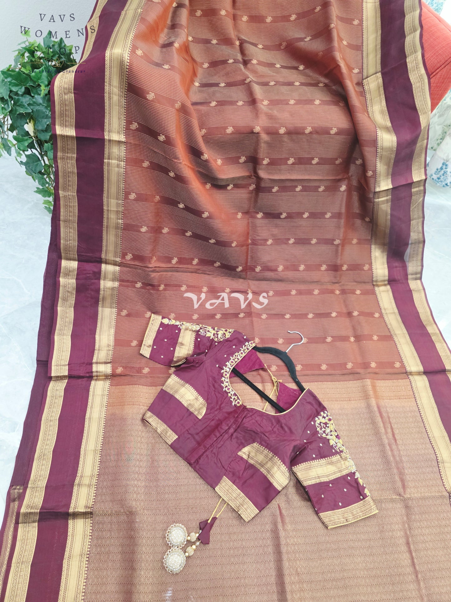 Royal Cinnamon Copper & Mulberry Wine Pure Kanchi Double Warp Soft Silk Gap Border Saree with Designer Maggam Blouse